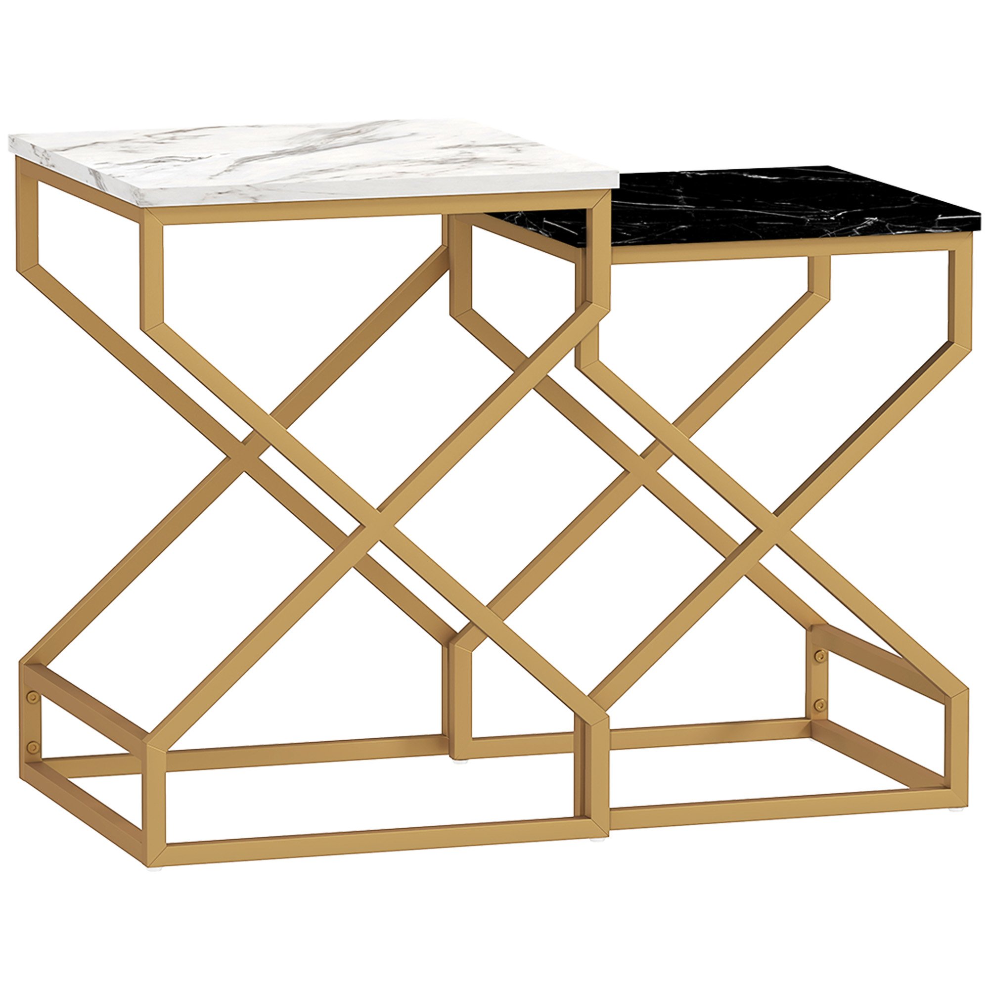HOMCOM Set of 2 Nesting Tables with Marble Effect Tops - Black and White