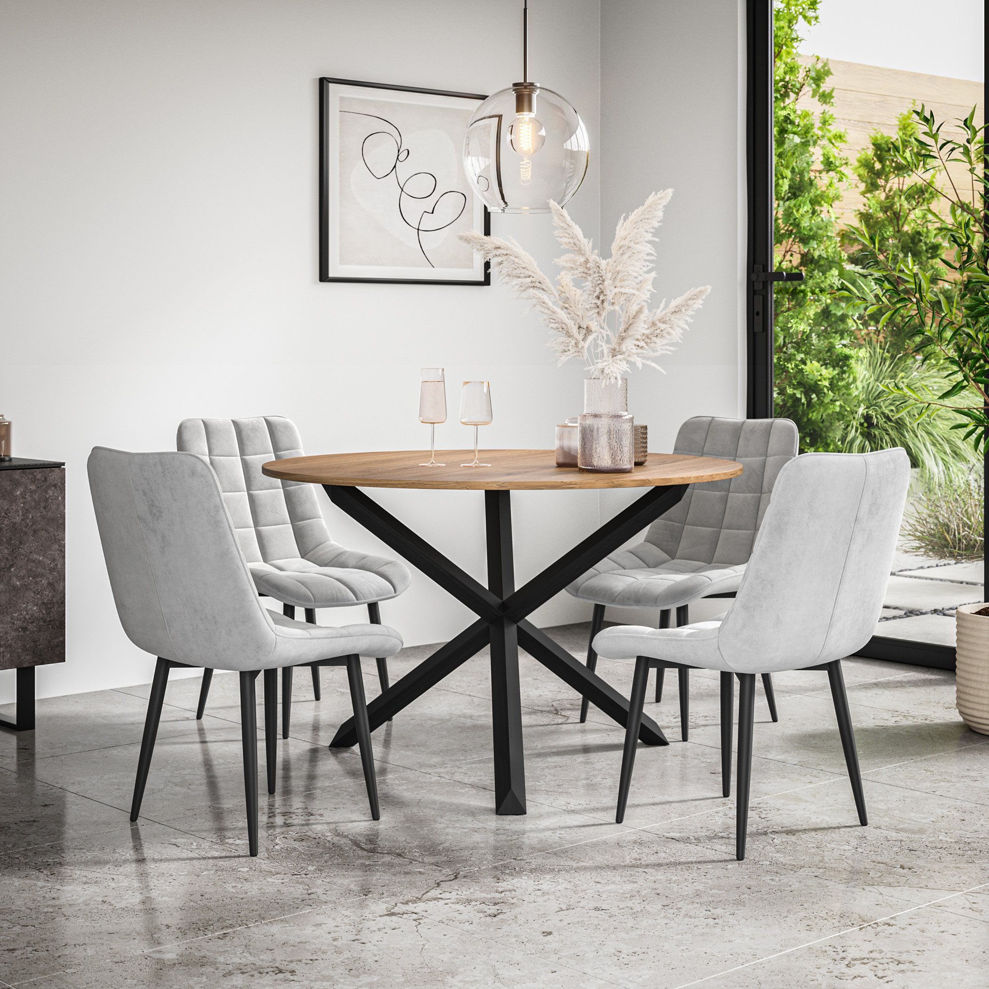 Furniture Online Malvern Nova Oak Table Dining Table & 4 Grey Chairs