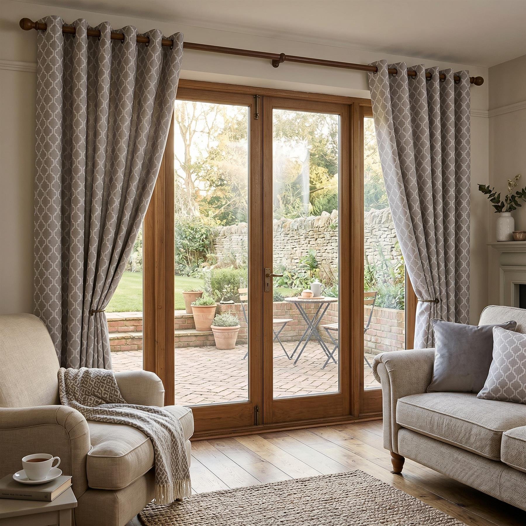 Luxury Living Geometric Eyelet Lined Curtains 117cm x 137cm - Latte
