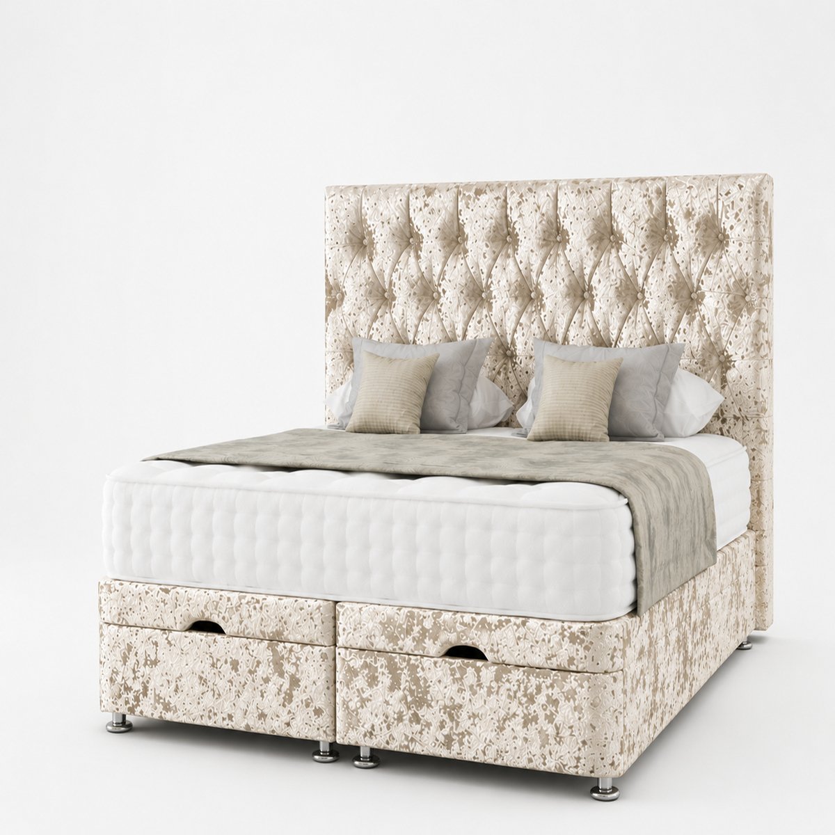 Comfy Deluxe Senna  Crush Velvet 5ft King Size End Lift Ottoman  Bed Set - Cream