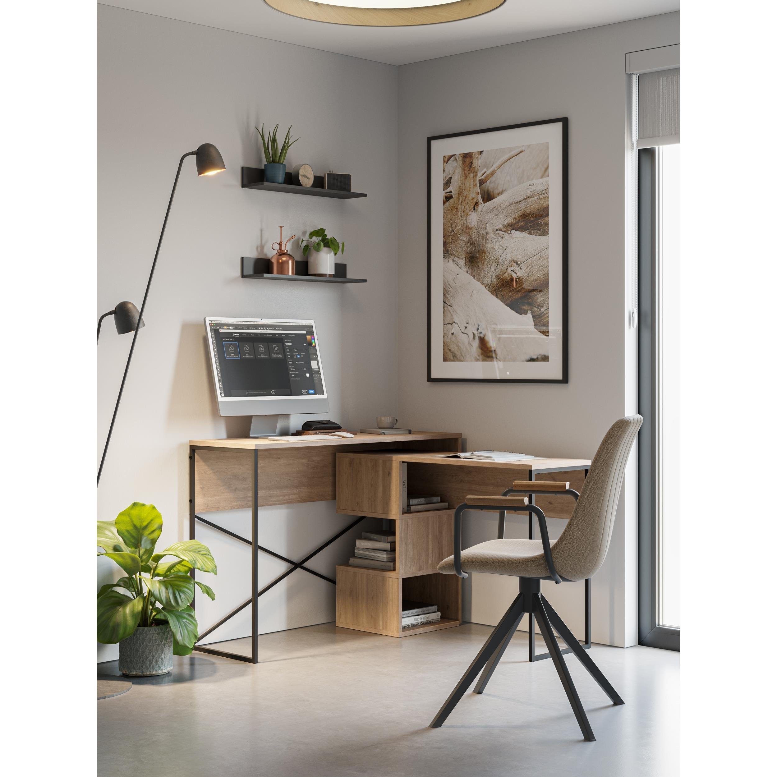 Decortie Badau Metal Frame Particleboard L-Shaped Corner Desk - Natural Wood
