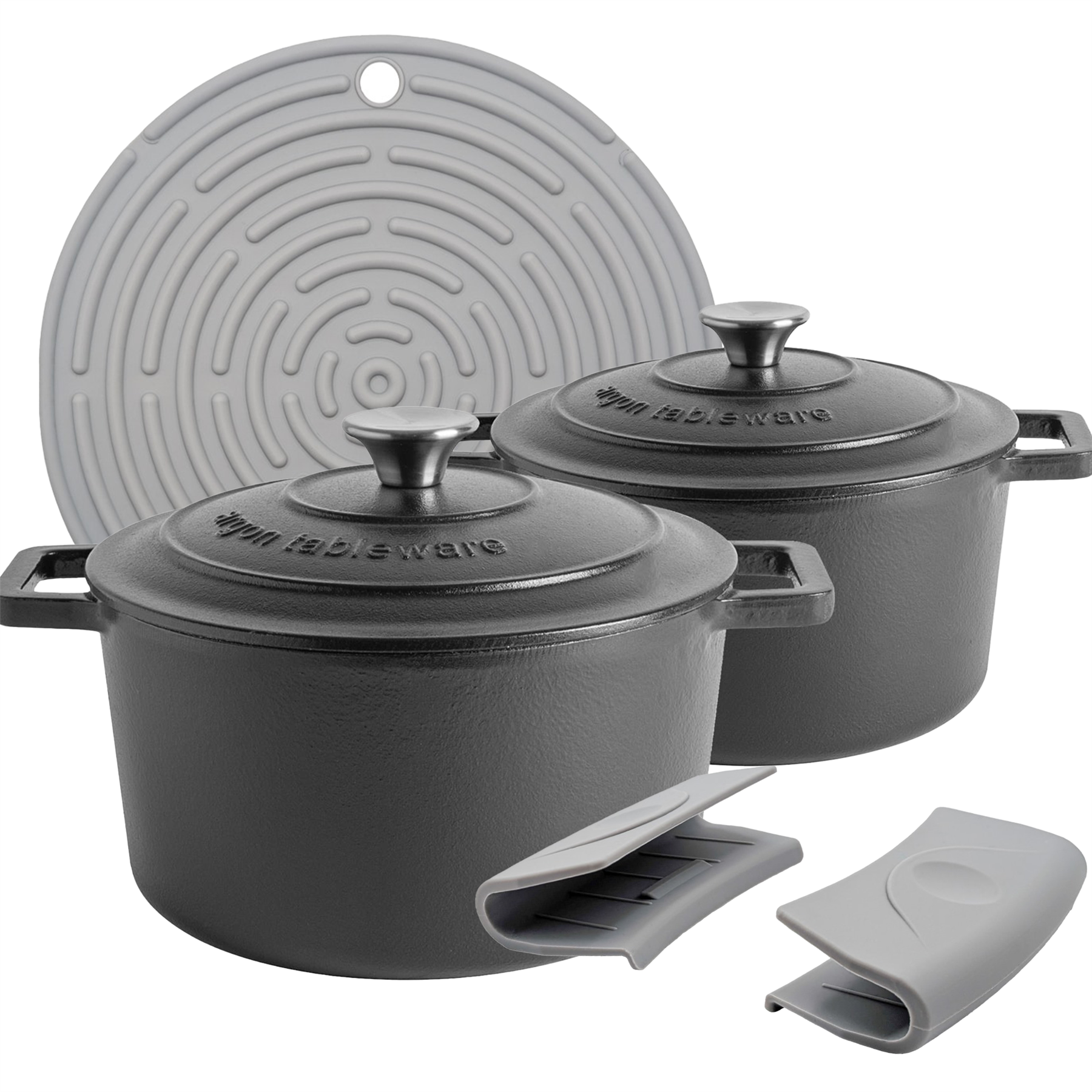 Argon Tableware Cast Iron Casserole Dishes - Matt Black - Set of 2