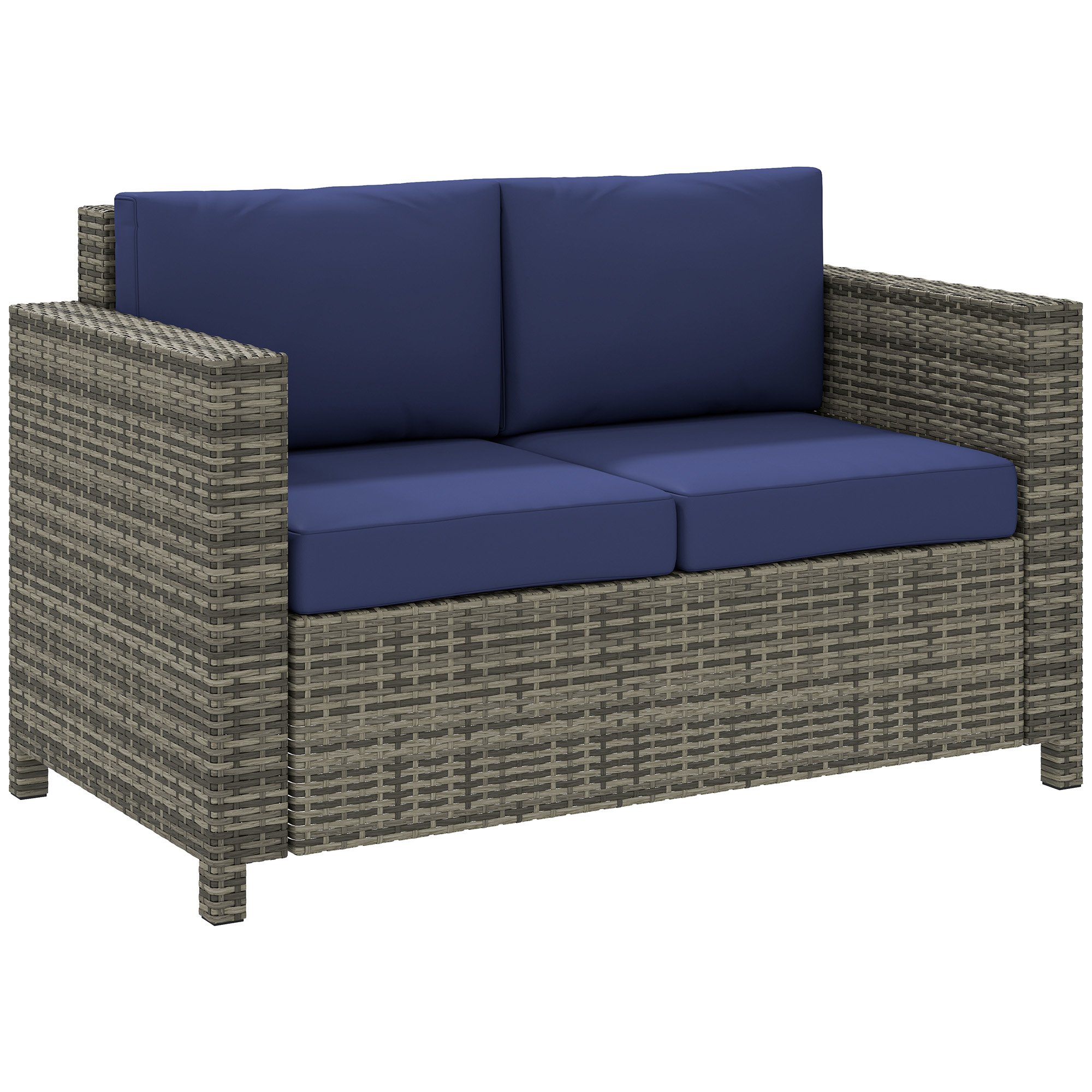 Outsunny 2 Seater Rattan Sofa with Soft Padded Cushion - Navy Blue