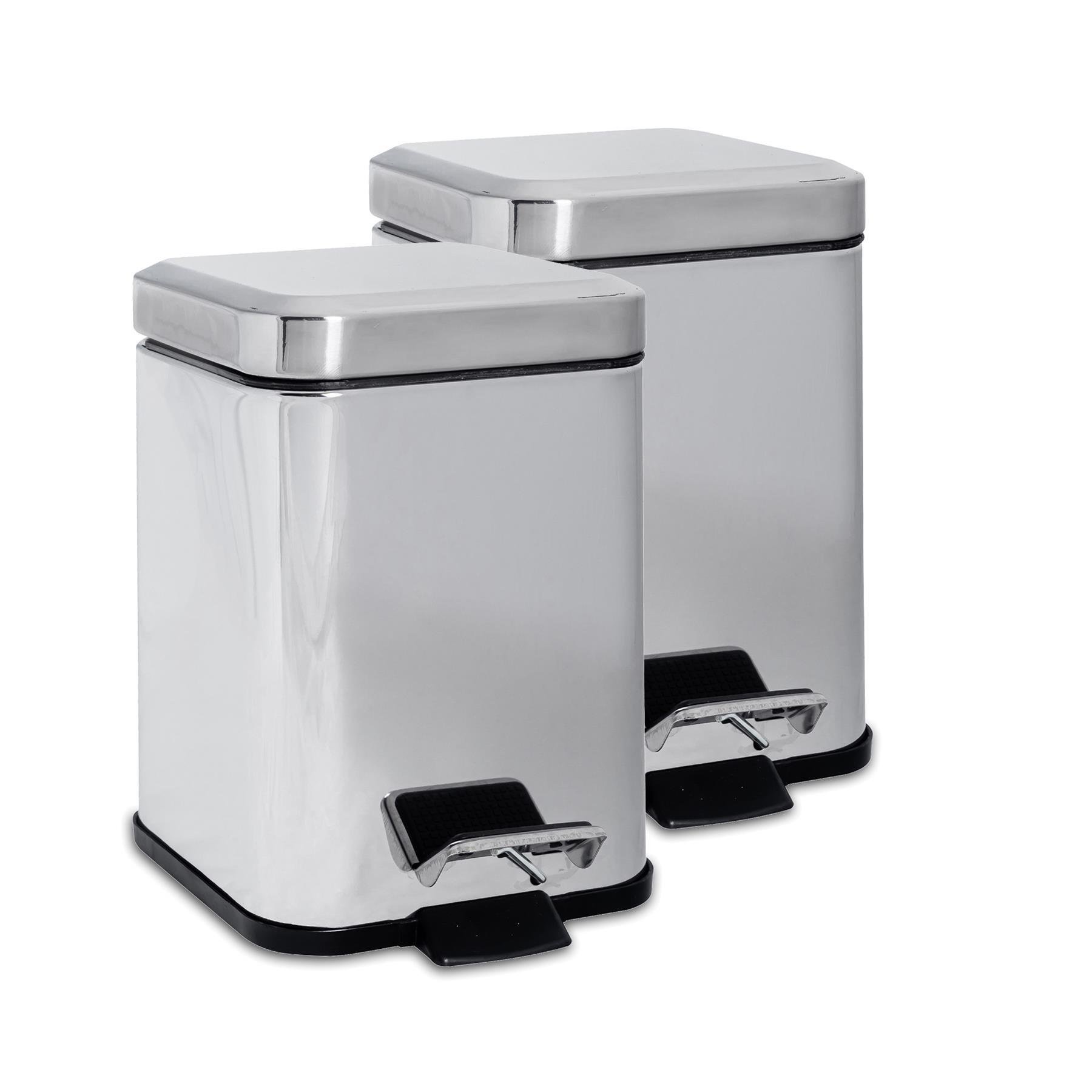 Harbour Housewares Square Bathroom Pedal Bins - 3 Litre - Chrome - 2x - 16cm