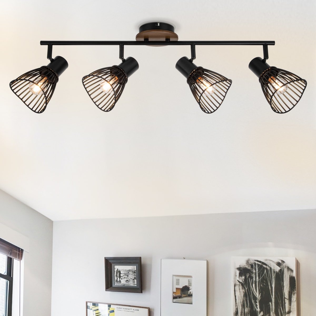 Cosylyte Hadley 4 Light Matt Black Wire Shade Spotlight with Wooden Backplate