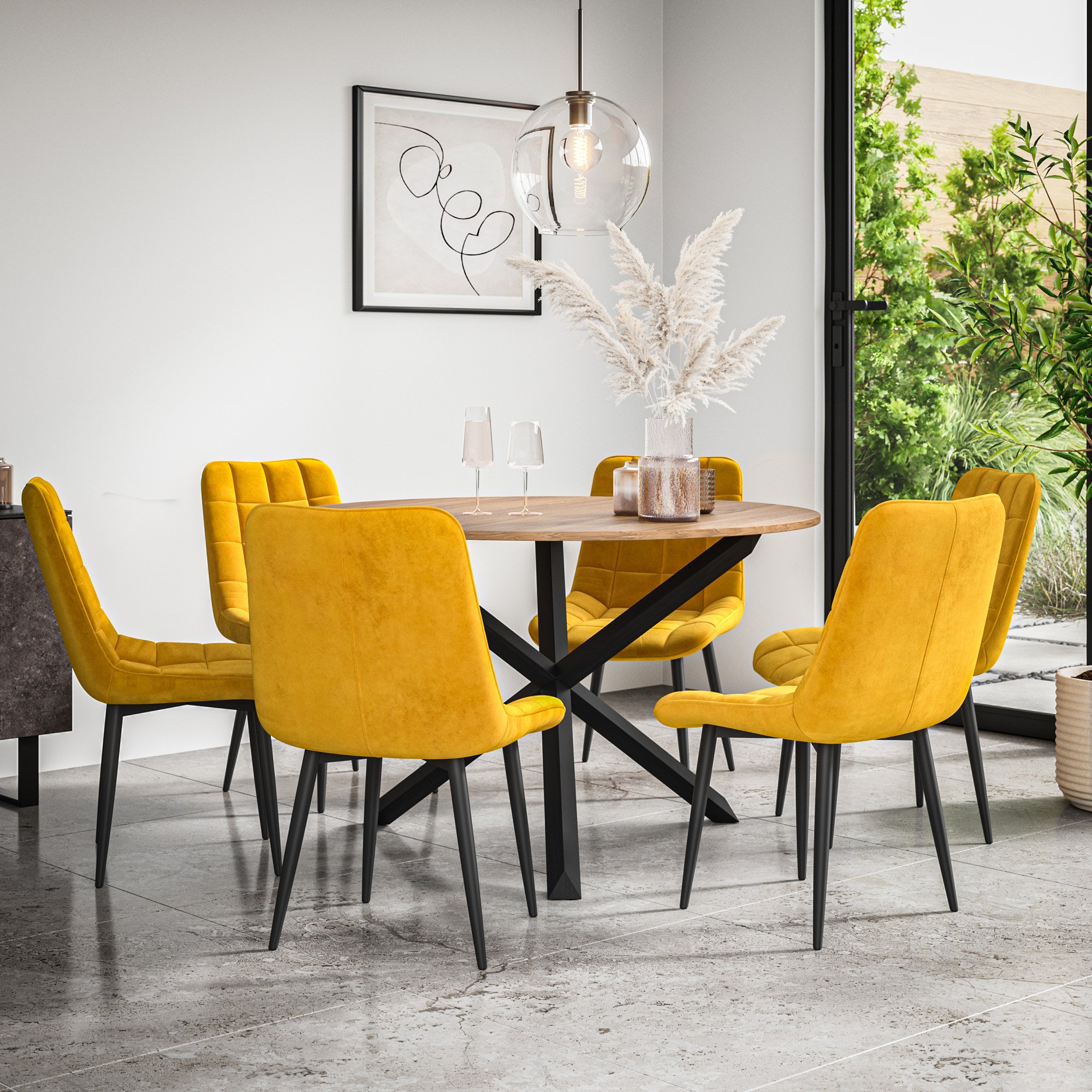 Furniture Online Malvern Nova Oak Table Dining Table & 6 Mustard Chairs