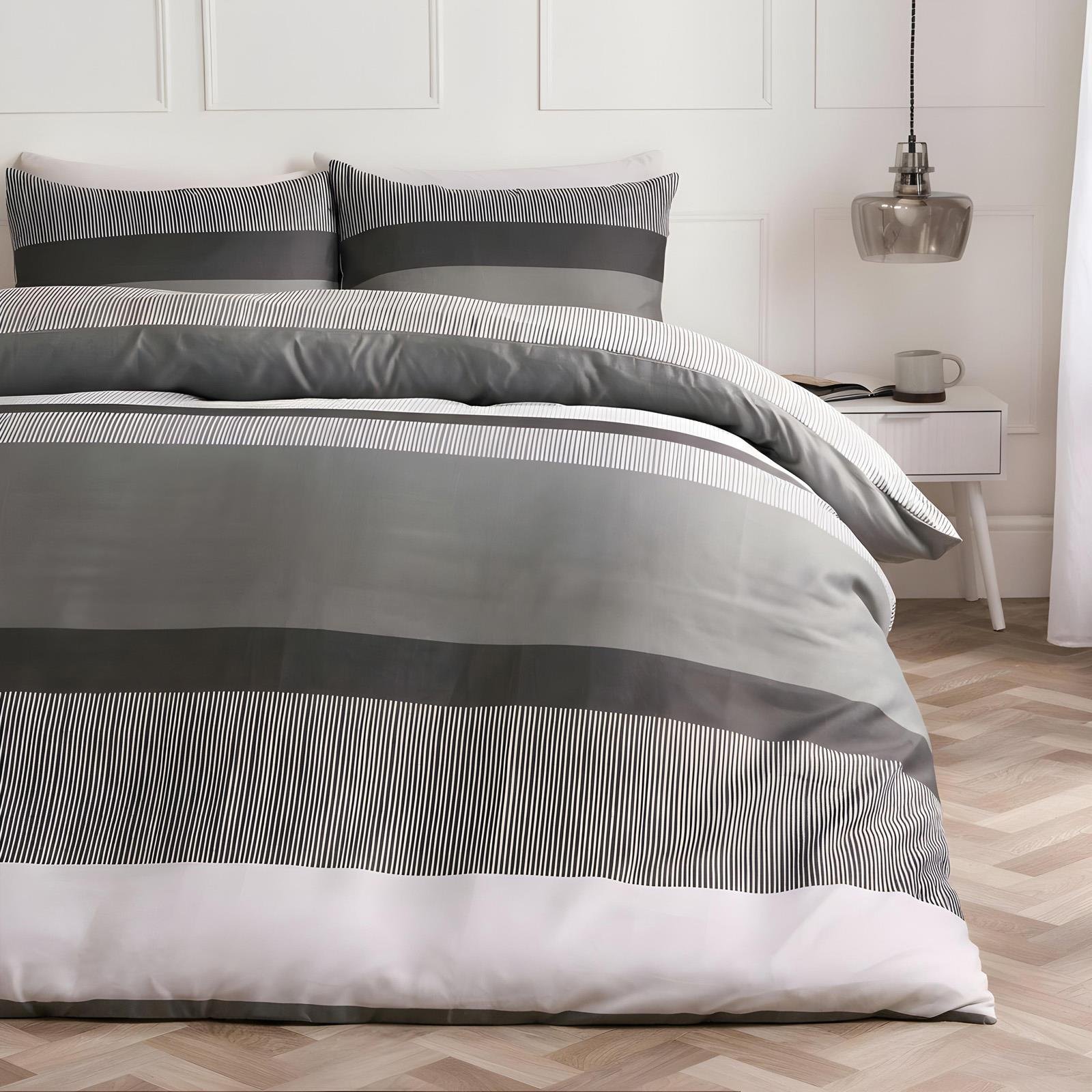 OHS Multi Stripe Bedding Set Microfibre Duvet Cover Set Grey - Double