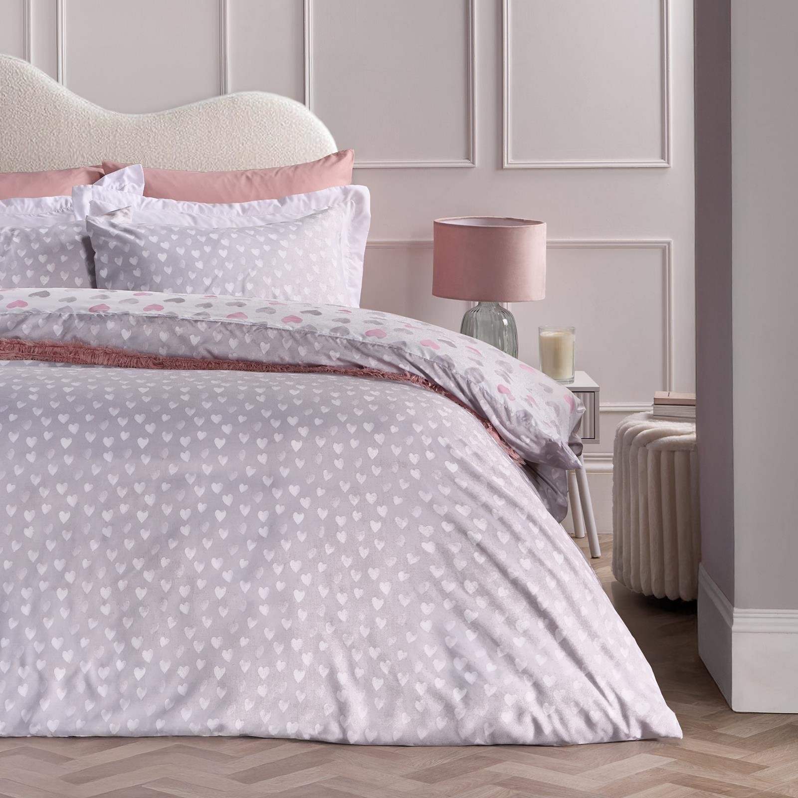 OHS Watercolour Hearts Duvet Cover Set Microfibre Bedding Grey - Double