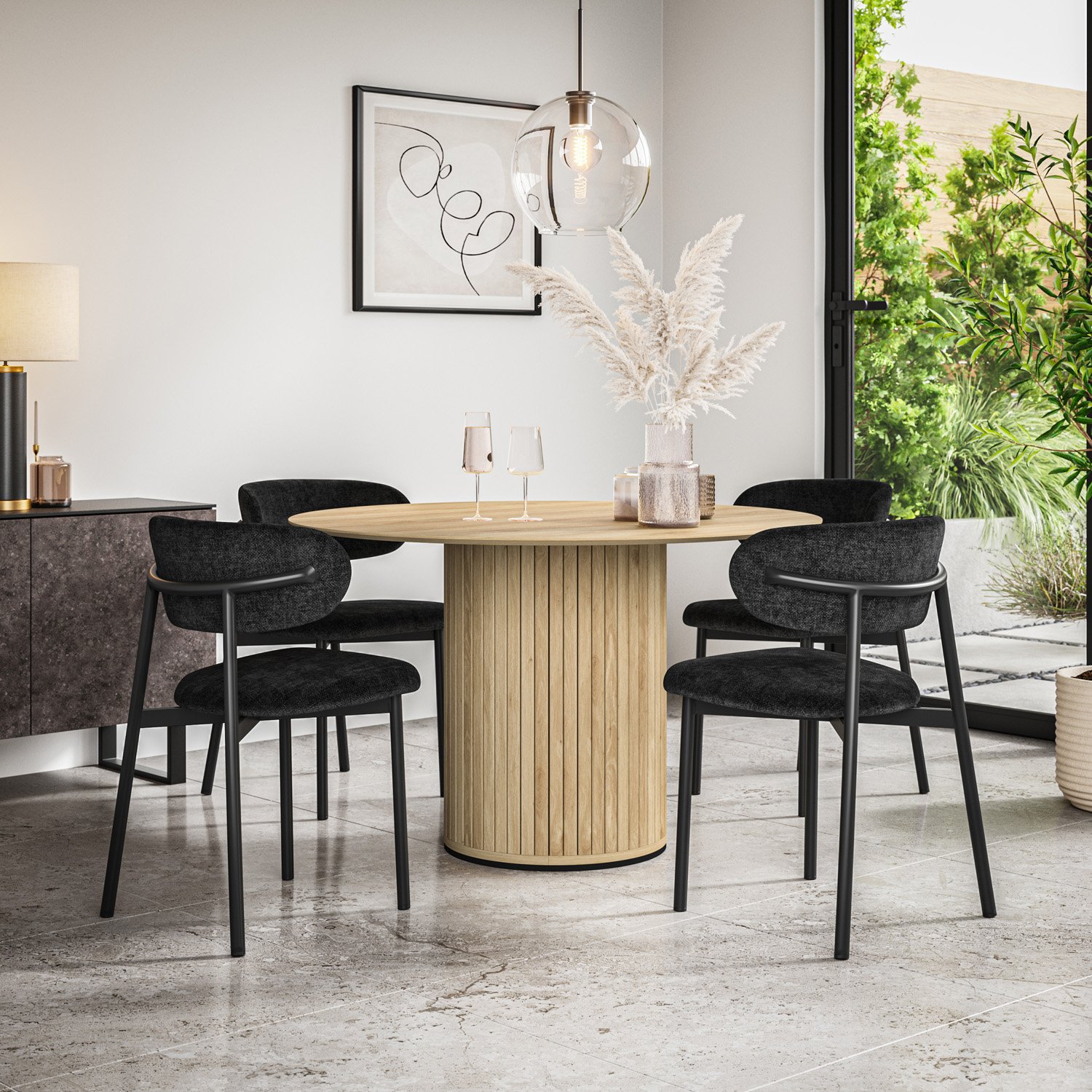 Furniture Online Arlo Myla Oak Top w Oak Legs Dining Table & 4 Black Chairs