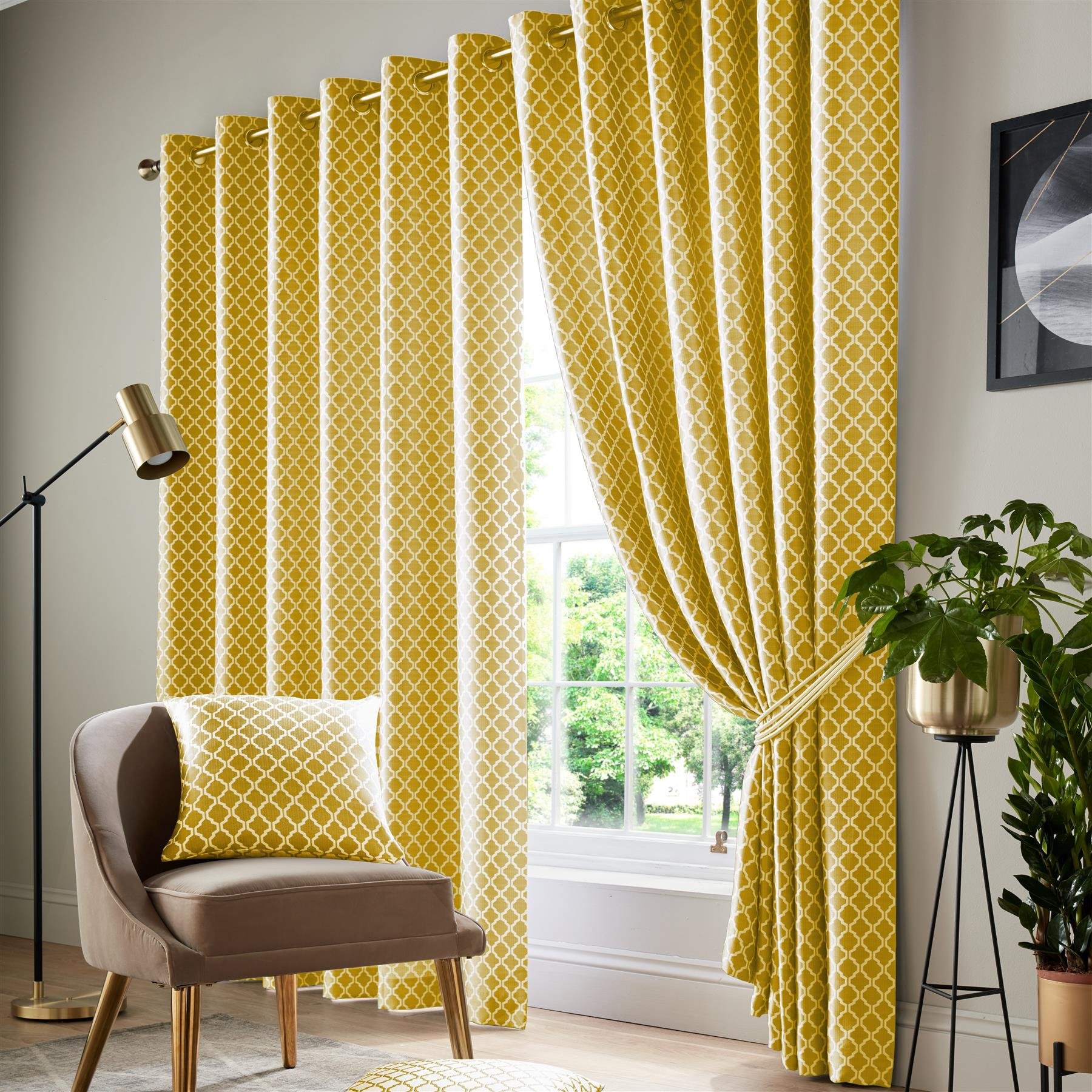 Luxury Living Geometric Eyelet Lined Curtains 117cm x 137cm - Yellow