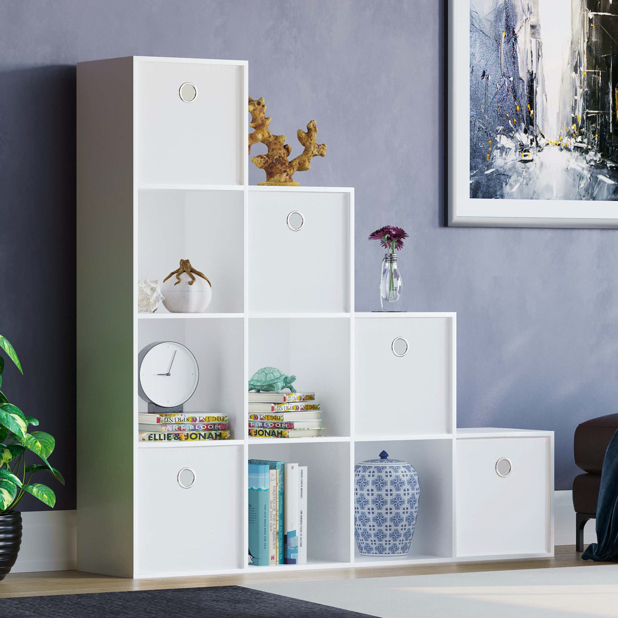 Vida Designs Durham 10 Cube Storage Stair Unit with 5 White Baskets - White