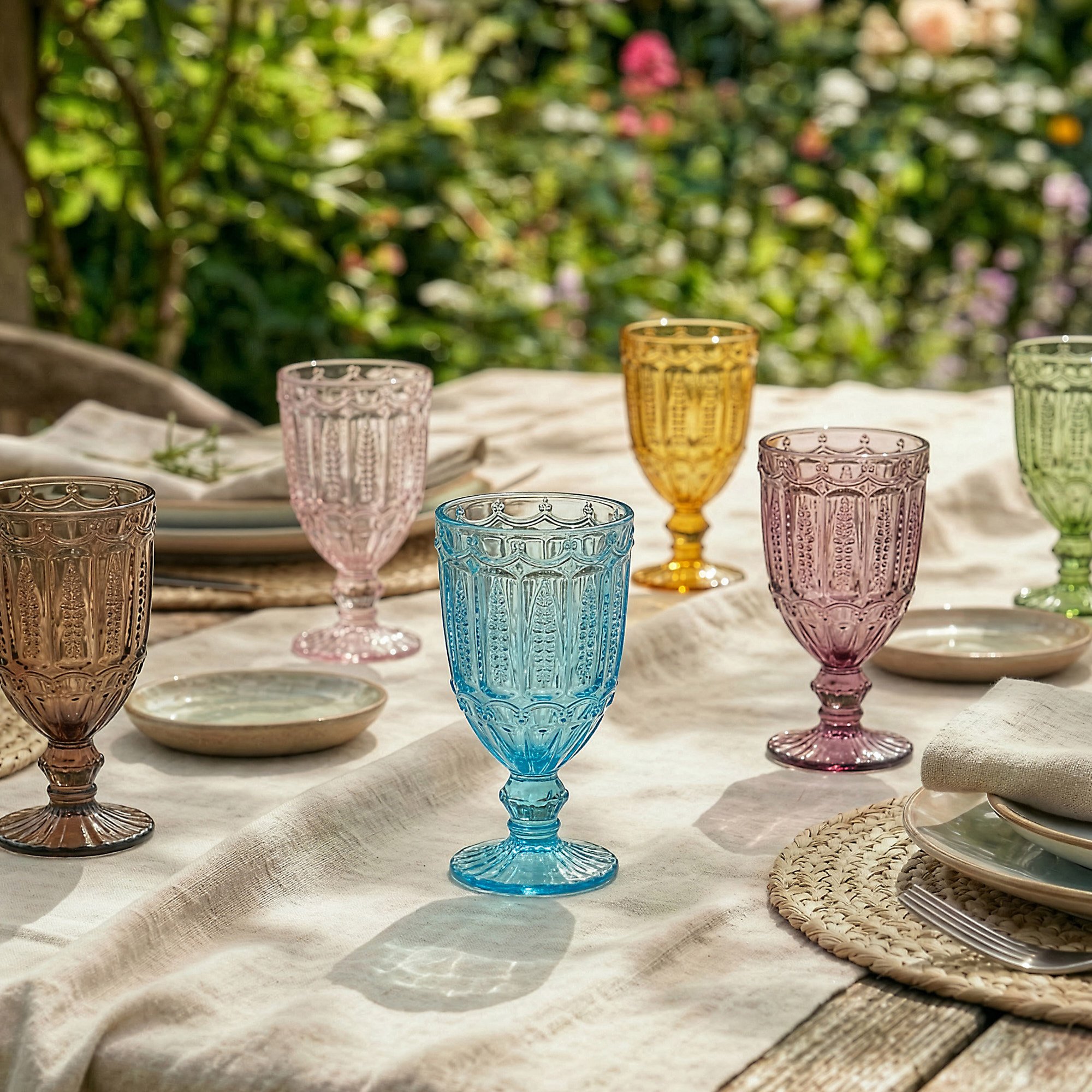 Set Of 6 Colourful Embossed Drinking Glass Spring Summer Wine Goblets 270ml