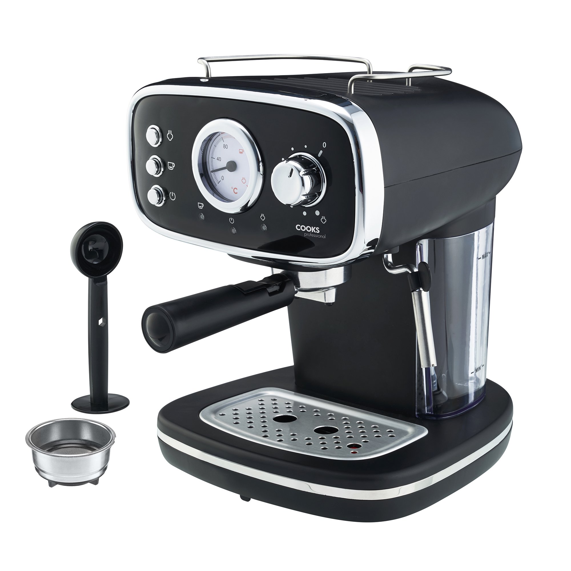 Cooks Professional Retro Espresso Machine 1.2L with Steam Wand - Black/Silver