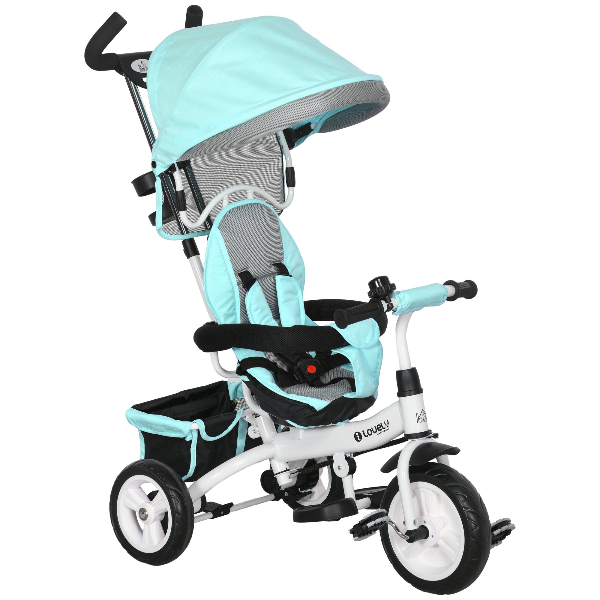 HOMCOM 6 in 1 Parent Handle Canopy 5 Point Harness Storage Baby Trike - Green