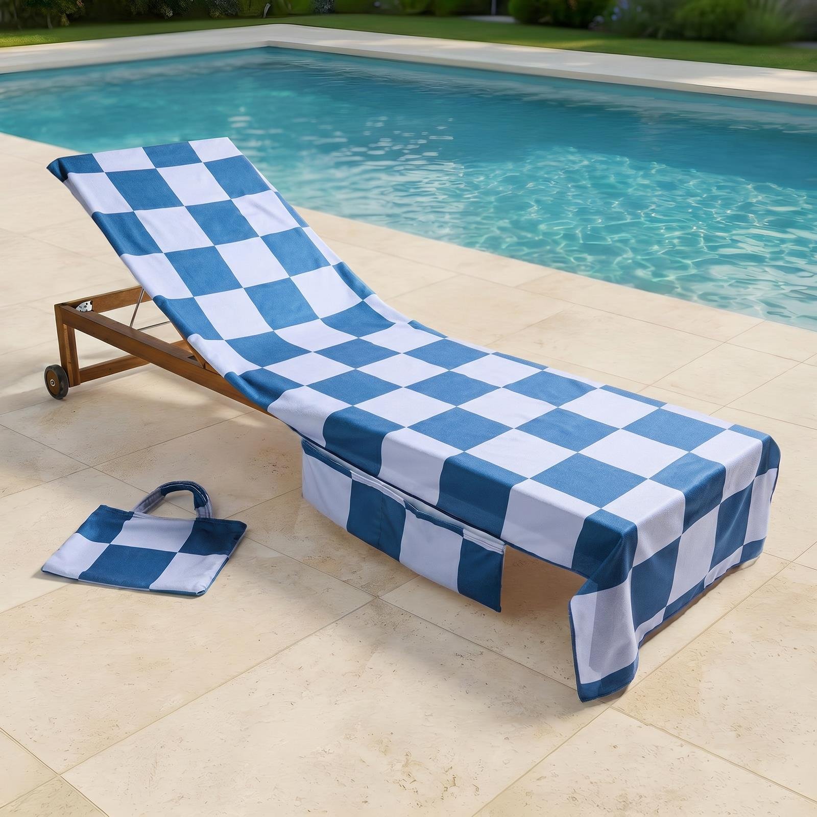 OHS Checkerboard Microfibre Beach Towel in a Bag - Blue