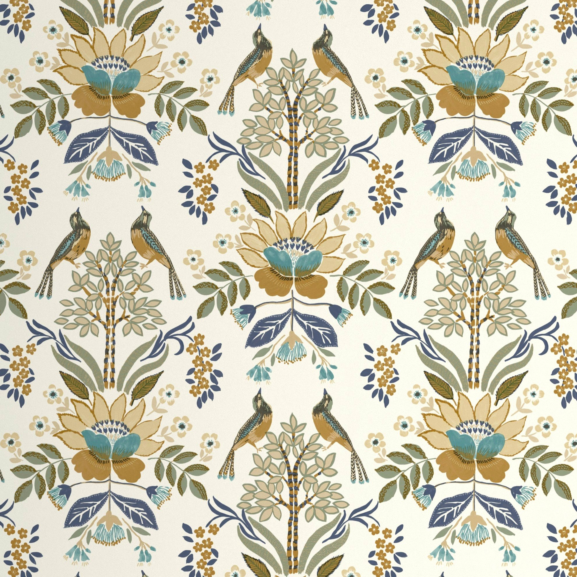Grandeco Calopsya Birds Floral Damask Textured Wallpaper - Blue Rust