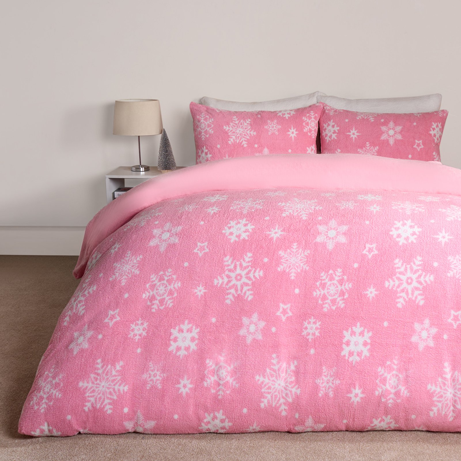OHS Snowflake Xmas Teddy Fleece Duvet Cover Set Blush - Single