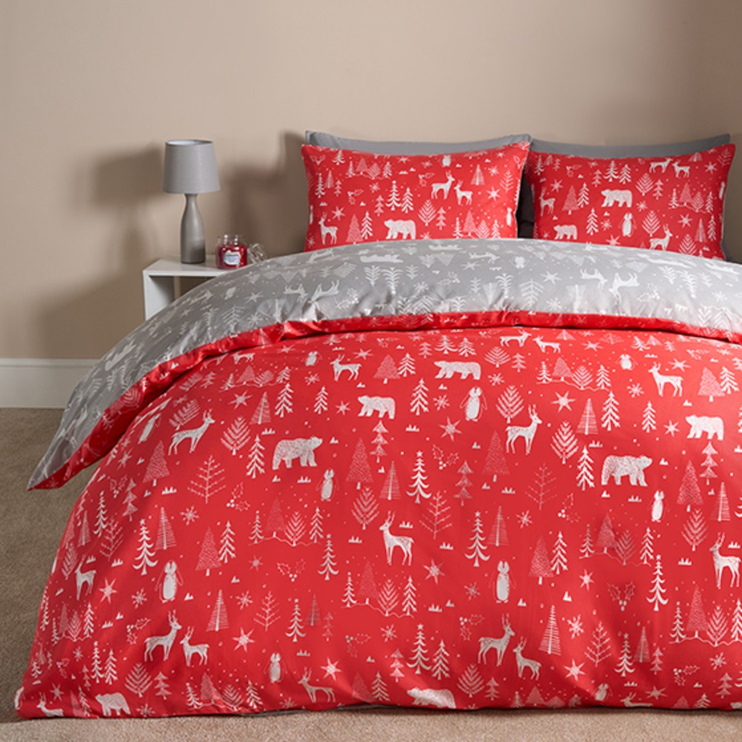 OHS Scandi Duvet Cover Bedding Set Reversible Christmas Red - King