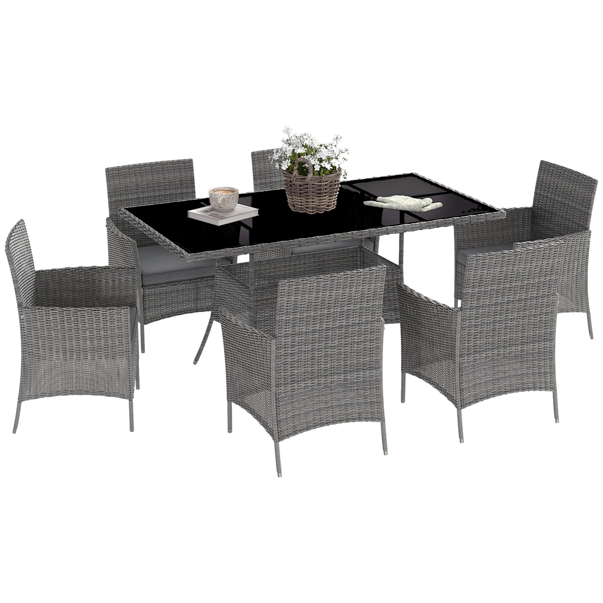 Outsunny 7 Piece 6 Seater Rattan Furniture Set with Cushions - Charcoal Grey