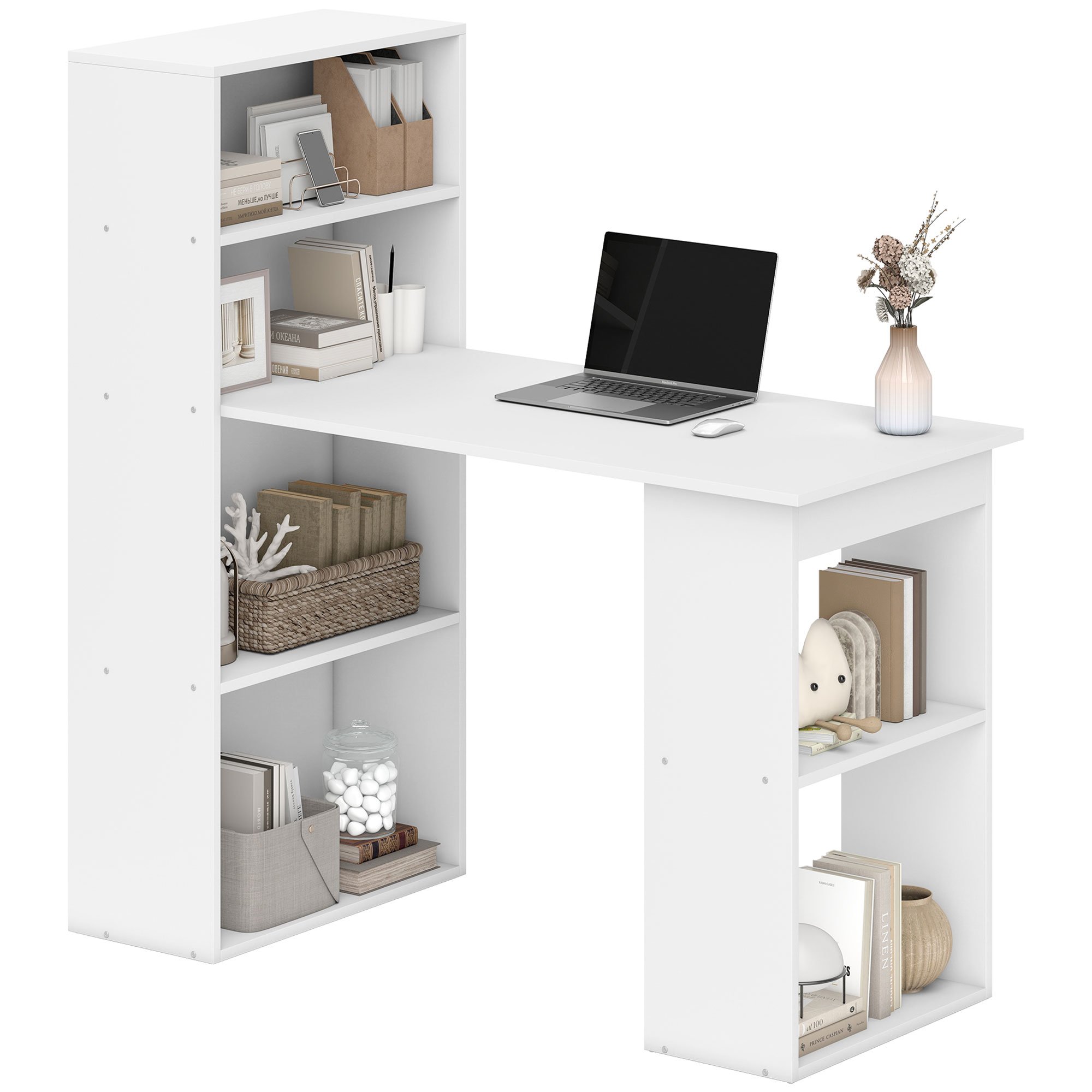 HOMCOM 6 Tier Storage Bookshelves Computer Table - White