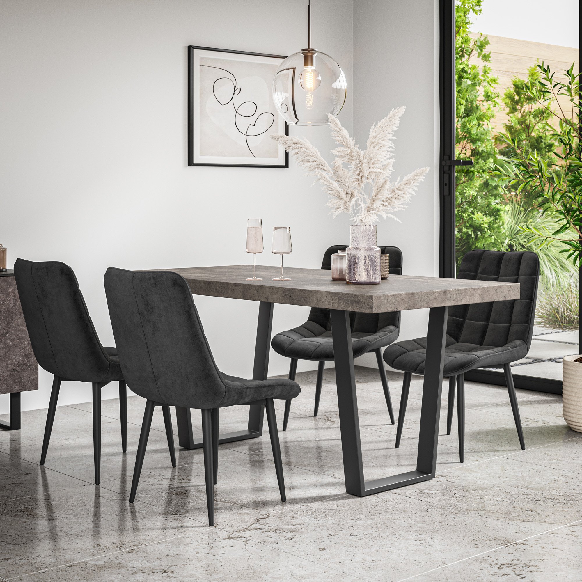 Furniture Online Aria Nova Concrete Effect Dining Table & 6 Black Chairs