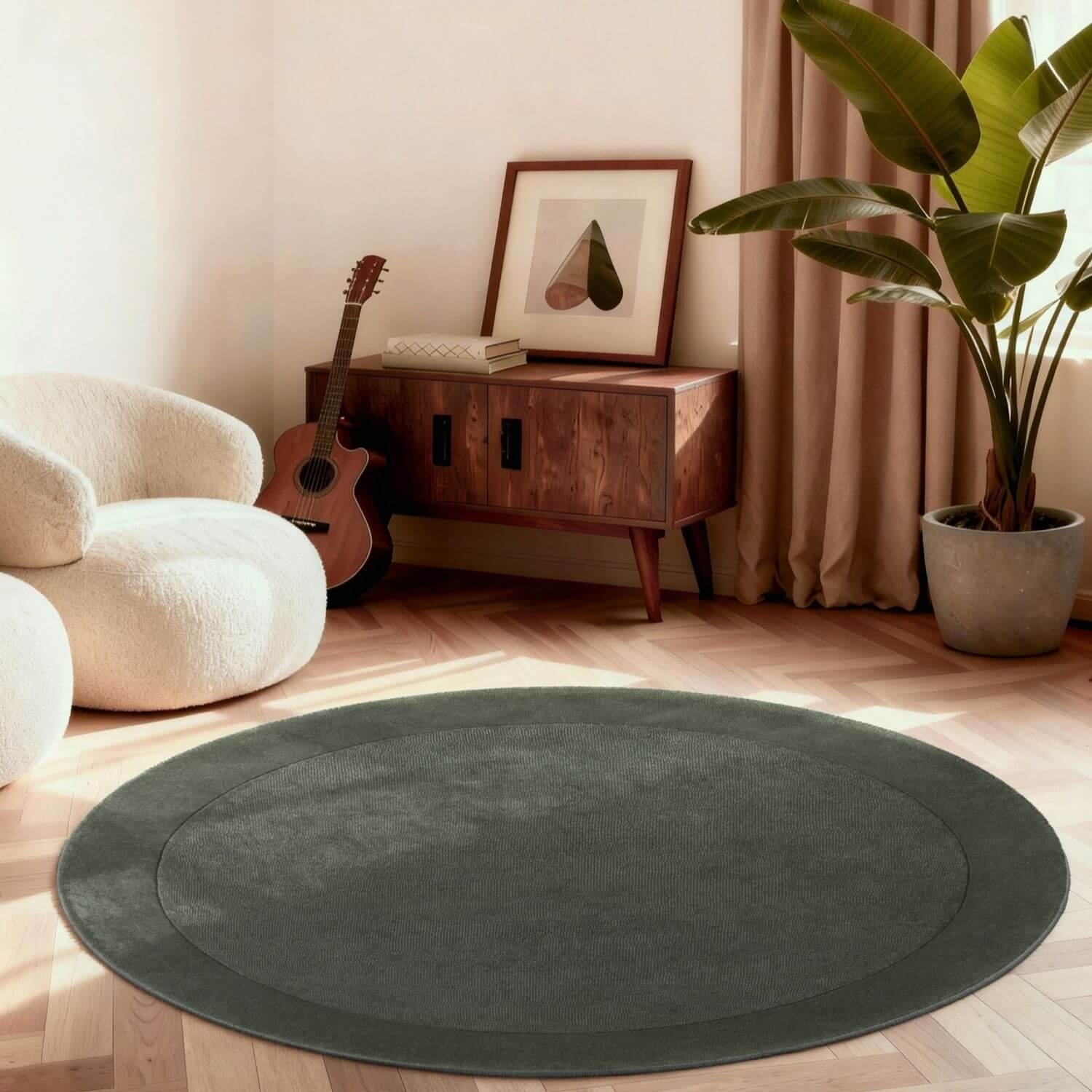 Villeroy and Boch  Green  Kari Handmade Wool Blend Bordered Round Rug - 200cm