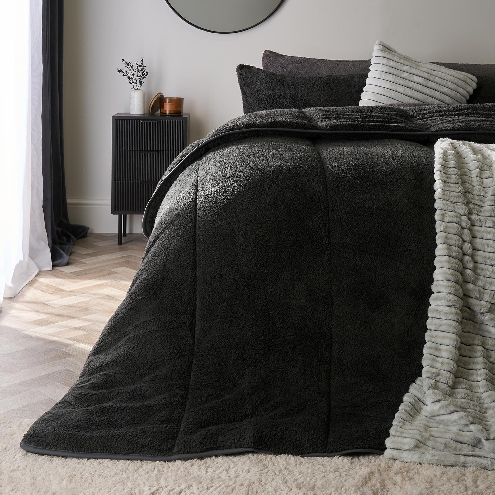 OHS Teddy Fleece 10.5 Tog Thermal Coverless Duvet Set Charcoal - Double