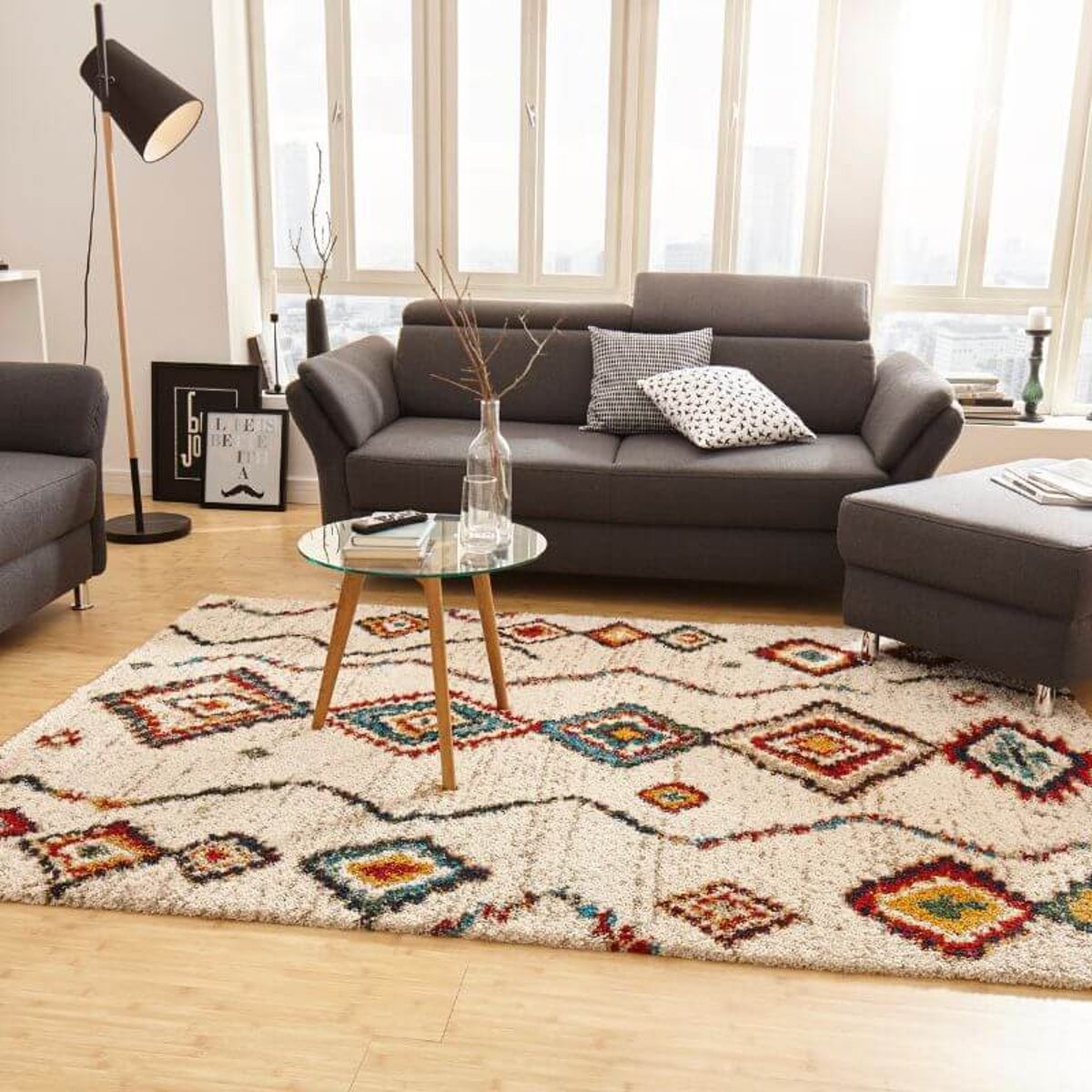 Hanse Home Cream Velour Deep Pile Boho Vintage Plush  Rug - 80 x 150cm