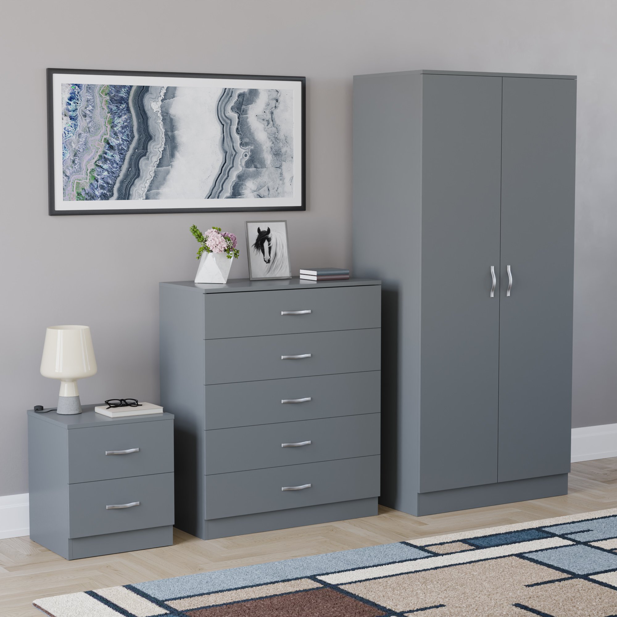 Vida Designs Riano Bedroom Set (Bedside, 5 Drawer Chest, 2 Door Wardrobe) - Grey