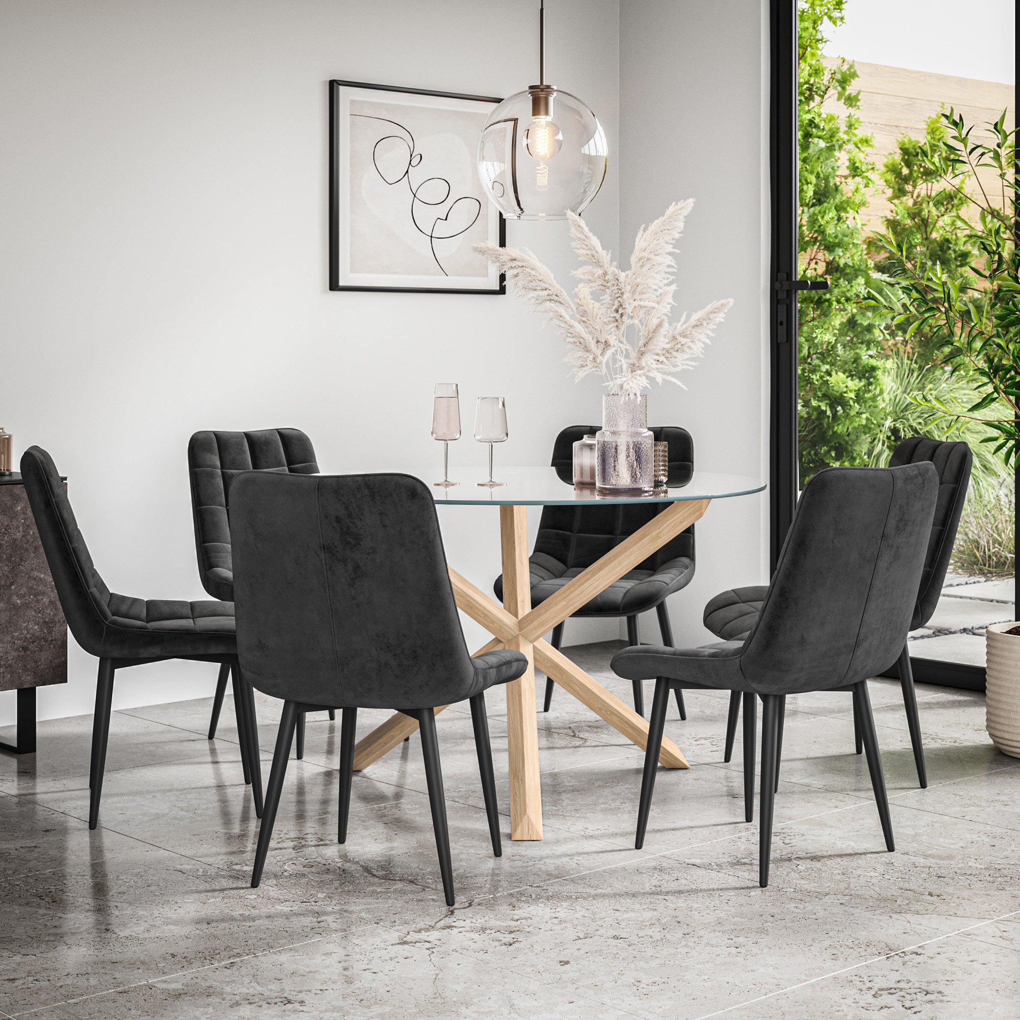 Furniture Online Malvern Nova Glass Top Dining Table & 6 Black Chairs
