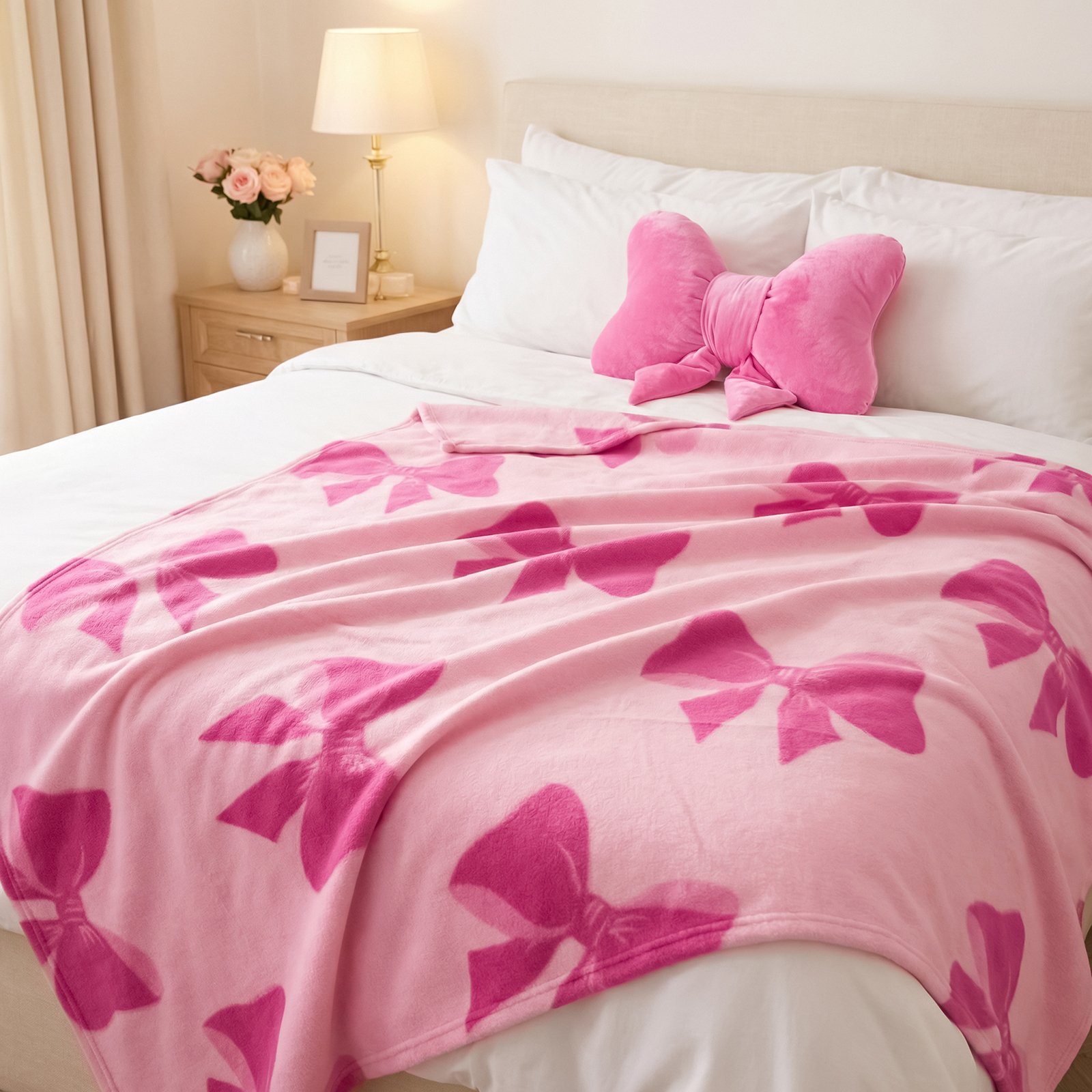 OHS Bows Polar Fleece Blanket Throw 120 x 150cm - Hot Pink