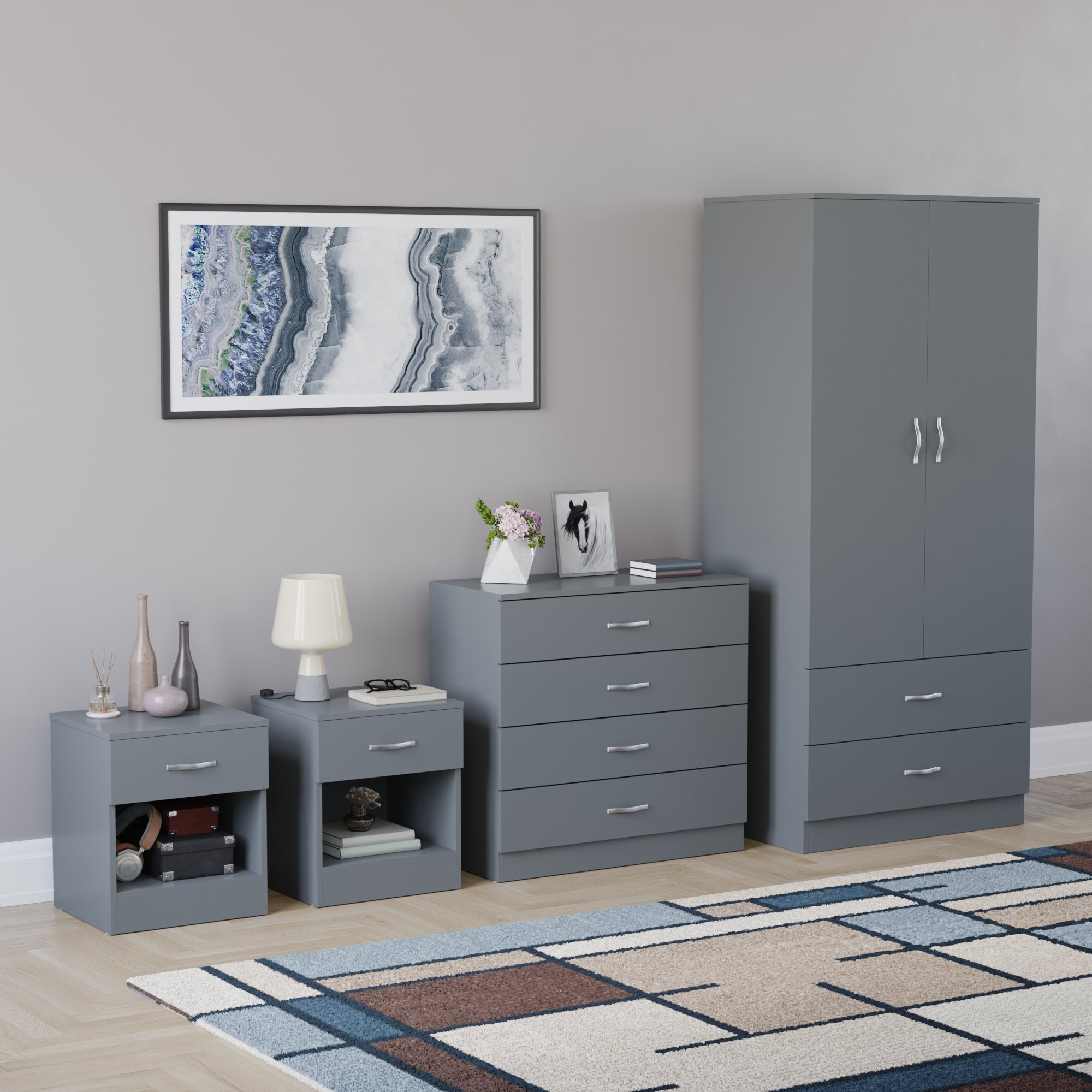 Vida Designs Riano Bedroom Set (Bedsides, 4 Drawer Chest, 2x2 Wardrobe) - Grey