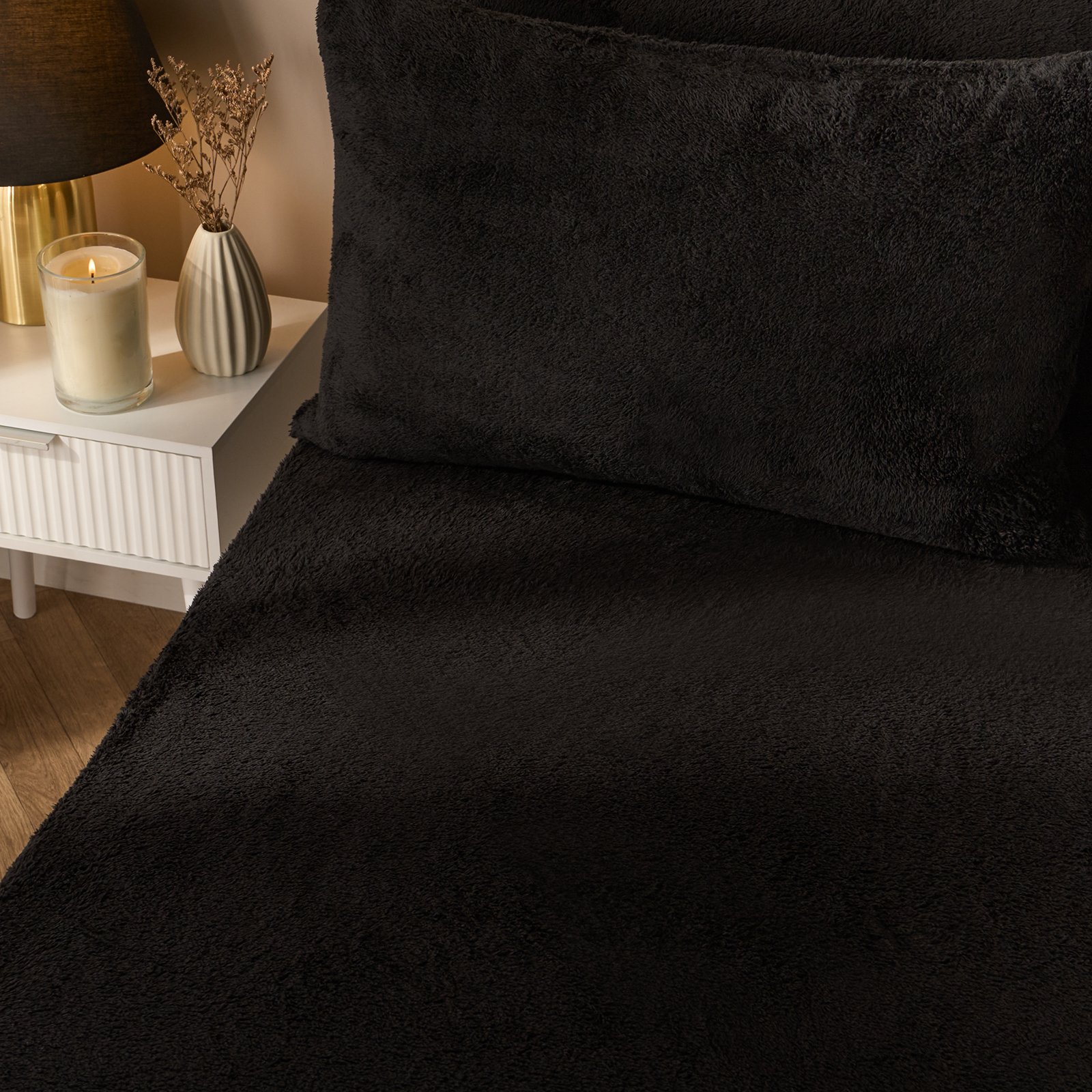 OHS Teddy Fleece Thermal Fitted Bed Sheet Black - King