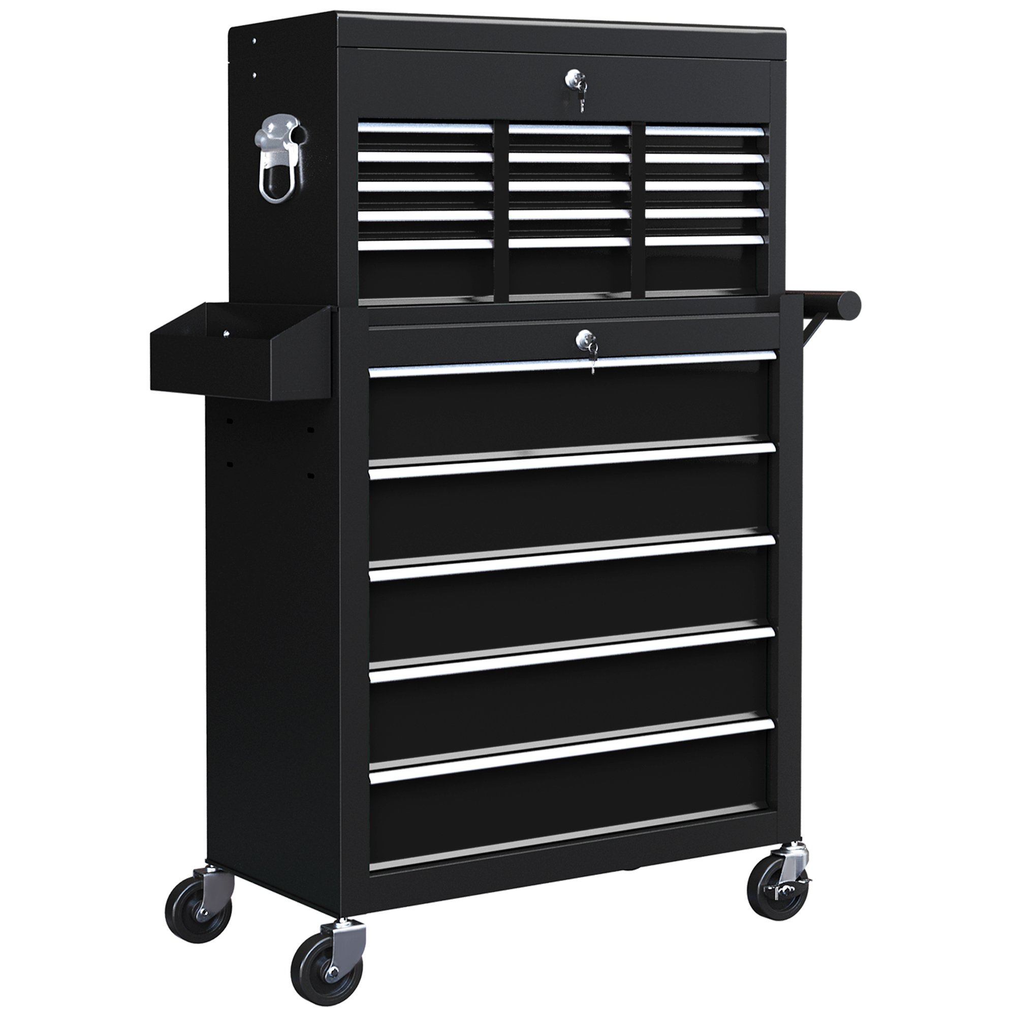 HOMCOM 14 Drawer Rolling Tool Cabinet with Pegboard and Side Rack - Black