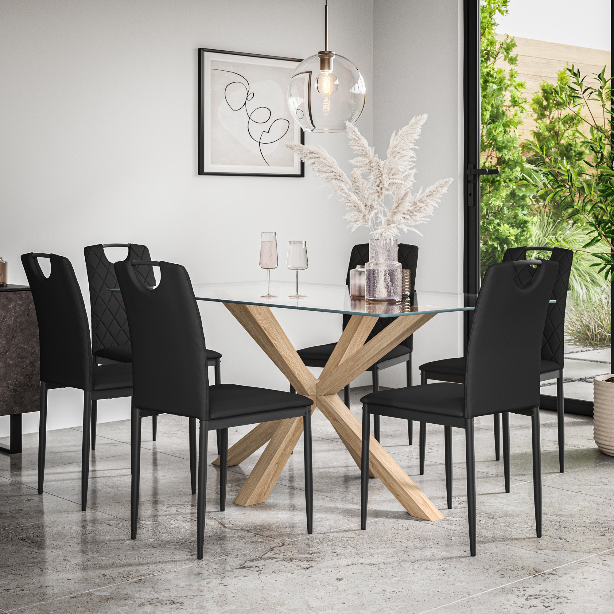 Furniture Online Etta Monza Glass Top Dining Table & 6 Black Chairs