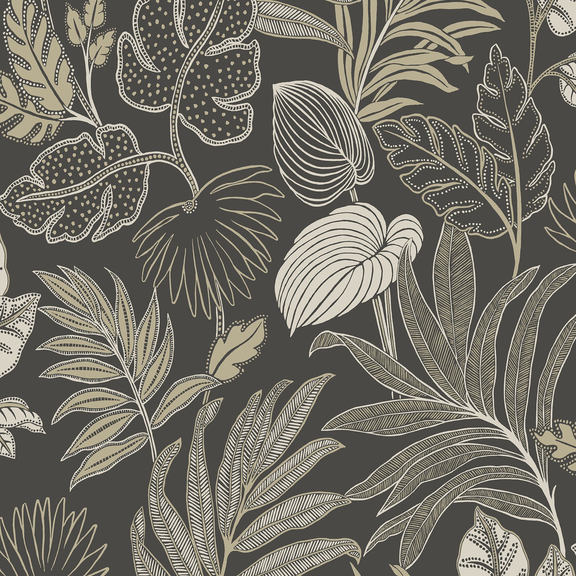 Grandeco Kew Botanical Leaves Blown Vinyl Textured Wallpaper - Black