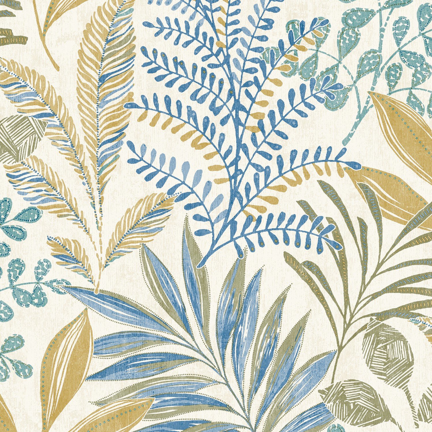 Grandeco Kara Tropical Jungle Foliage Leaves Textured Wallpaper - Neutral Blue