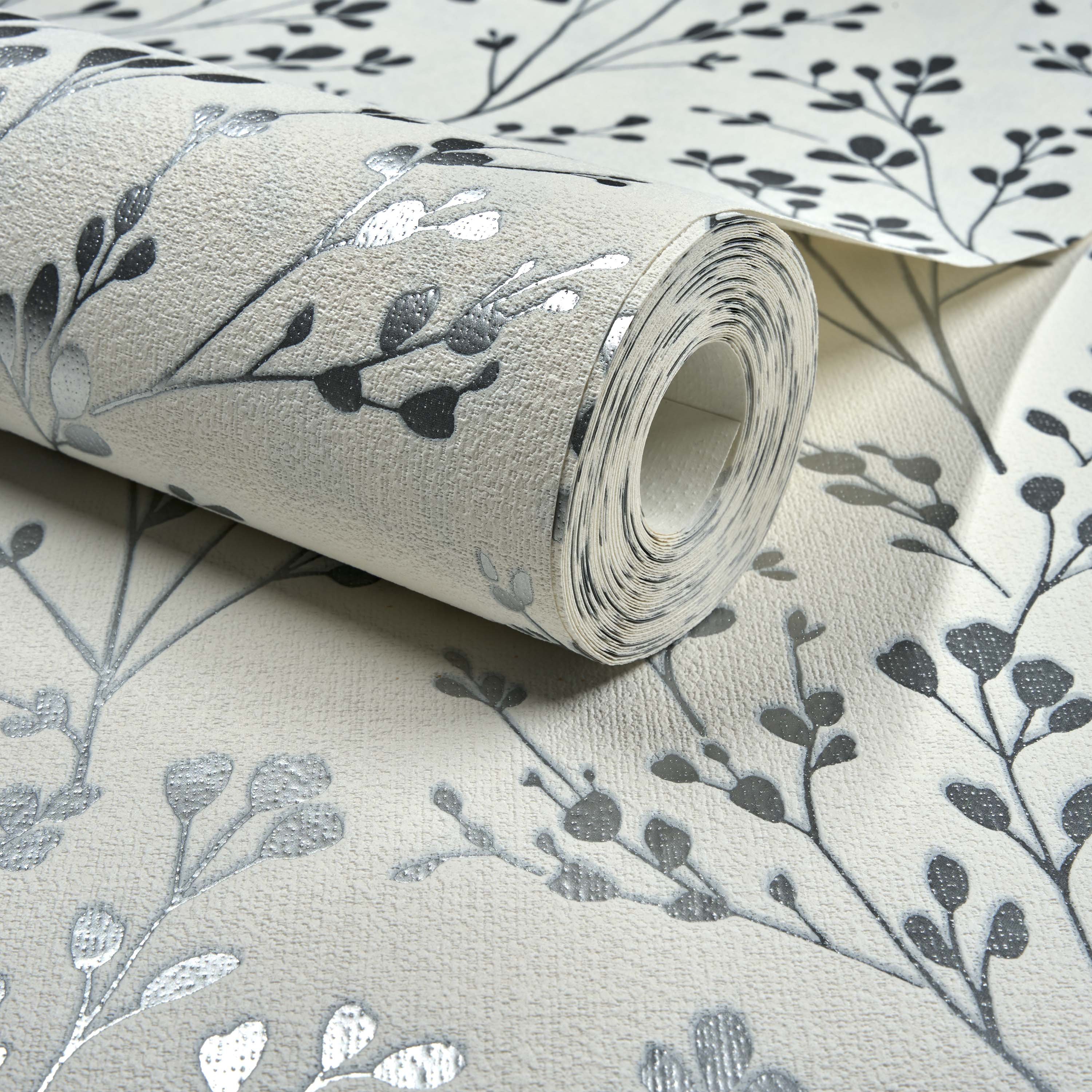 Grandeco Calluna Delicate Metallic Sprig Blown Vinyl Wallpaper - White Silver