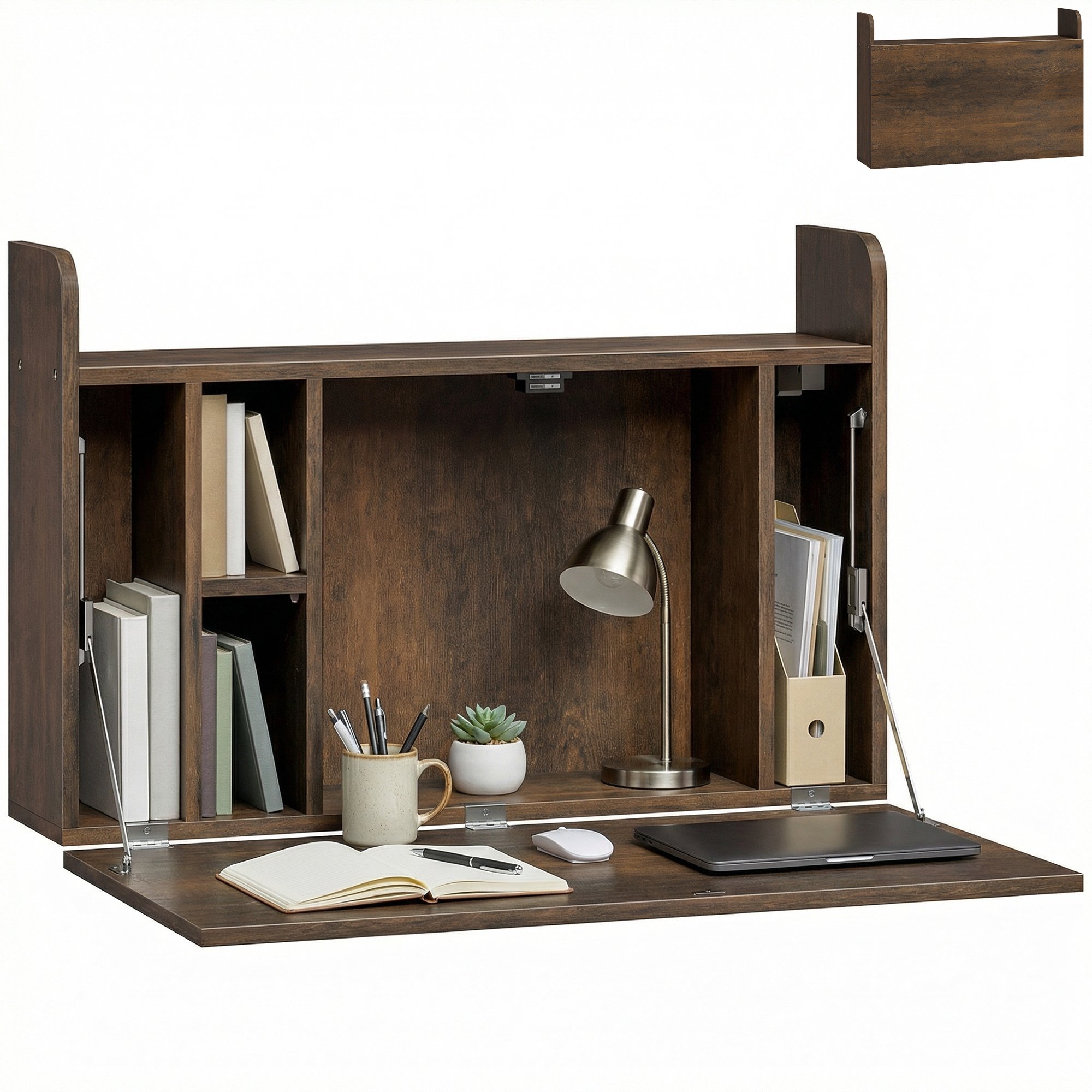 HOMCOM Floating Wall Mounted Table with Storage Shelves- Dark Brown