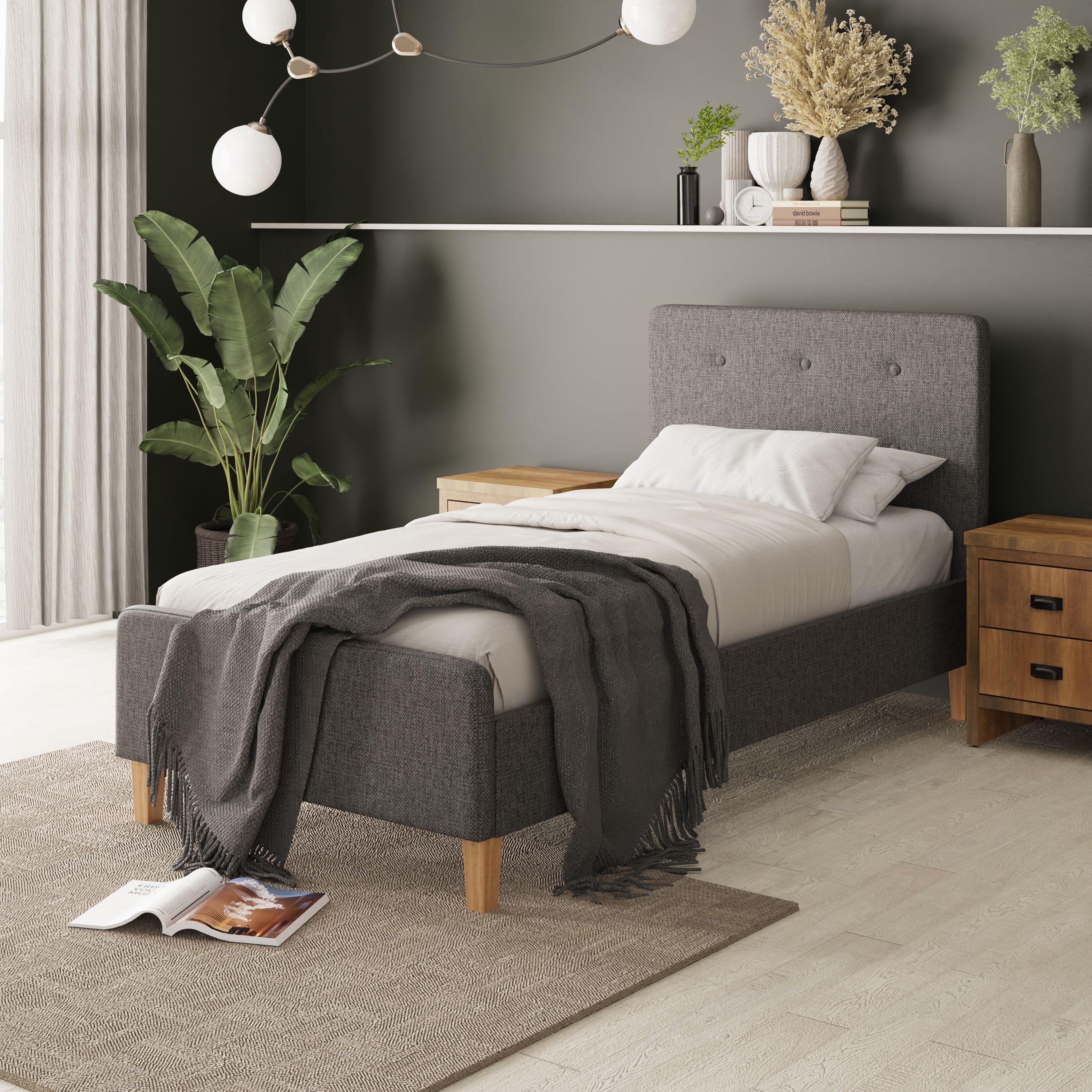 GFW Ashbourne Single Fabric Bed Frame with Mattress - Grey