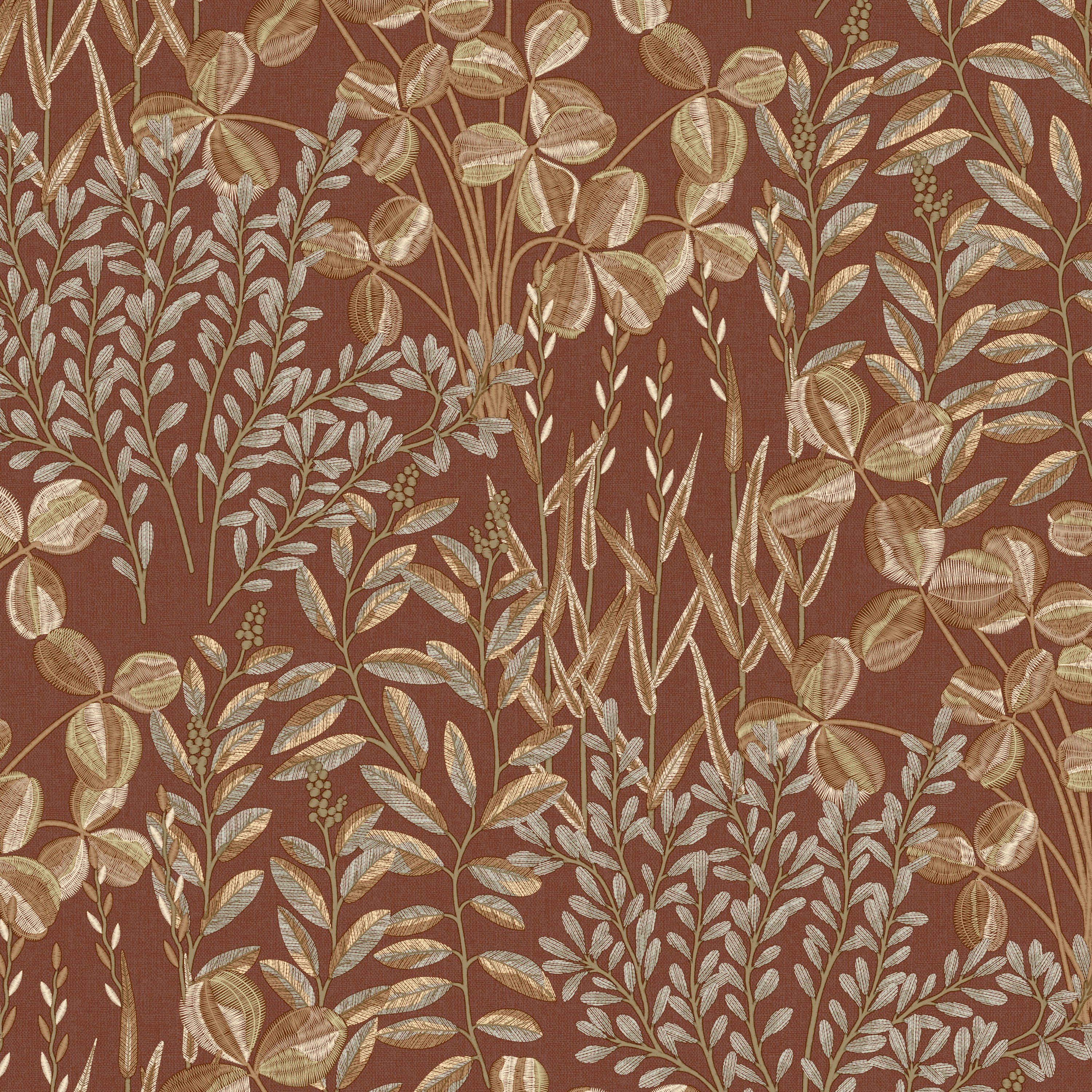 Grandeco Inia Stitched Embroidery Foliage Textured Wallpaper - Terracotta