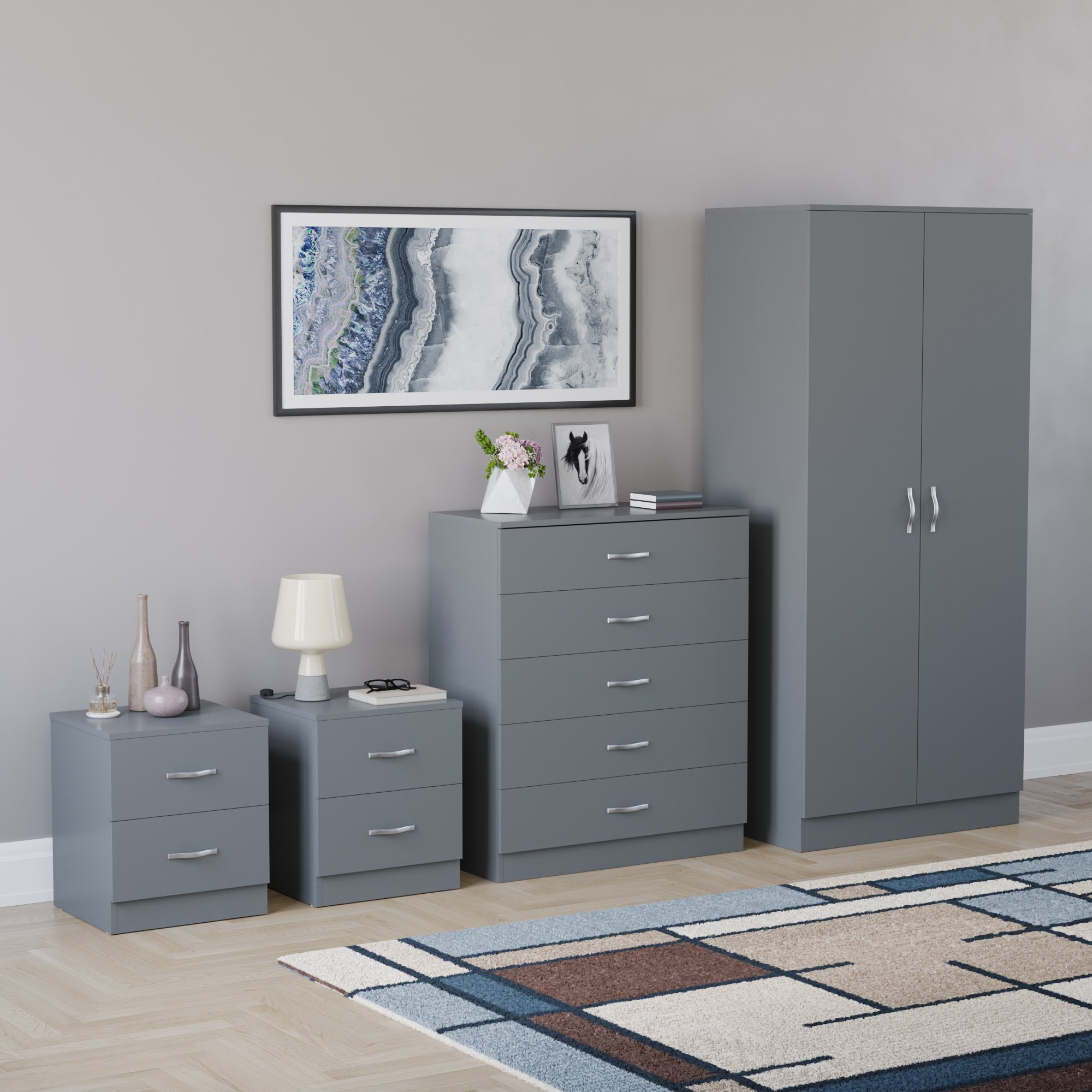 Vida Designs Riano Bedroom Set (Bedsides, 5 Drawer Chest, 2 Door Wardrobe)- Grey