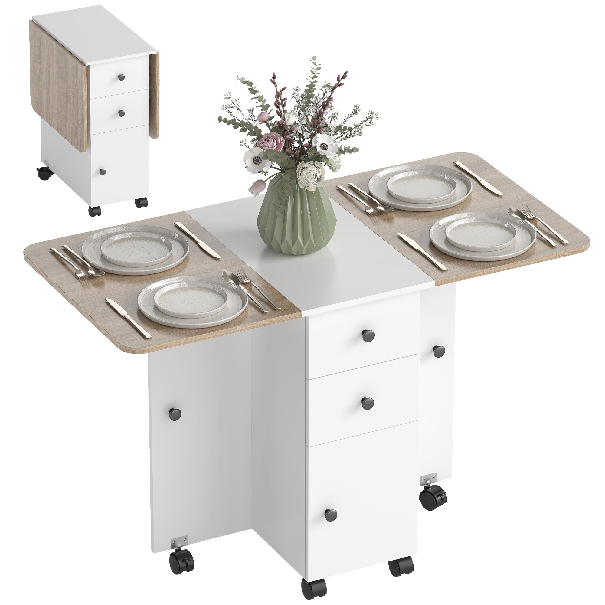 HOMCOM Rolling Drop Leaf Table on Wheels with Drawers - Oak and White