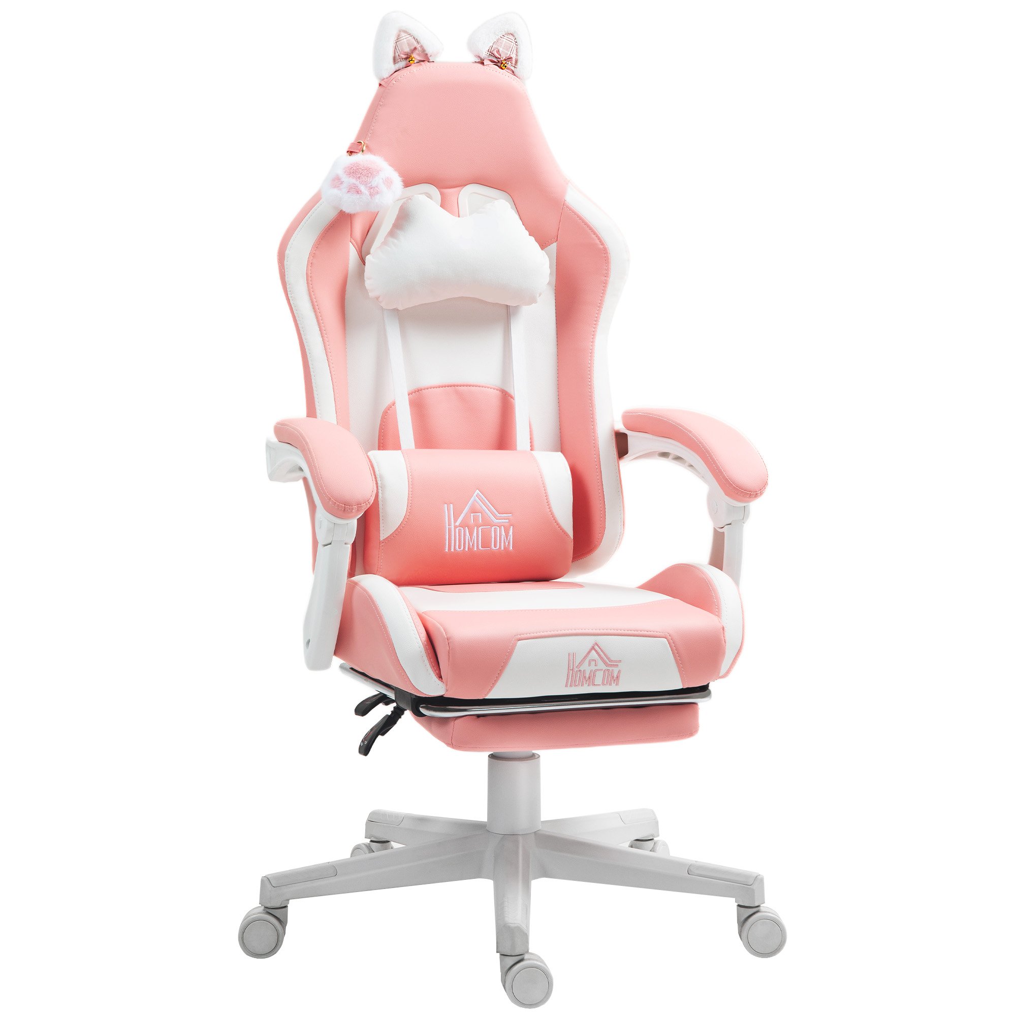 Homcom Faux Leather Cat Ear Reclining Gaming Chair with Footrest – Pink