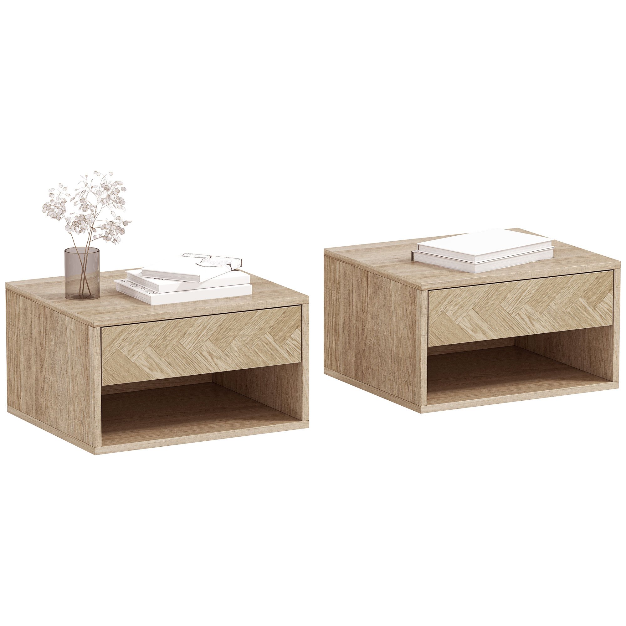 HOMCOM Set of 2 Floating Bedside Table with Drawer and Shelf - Natural Wood
