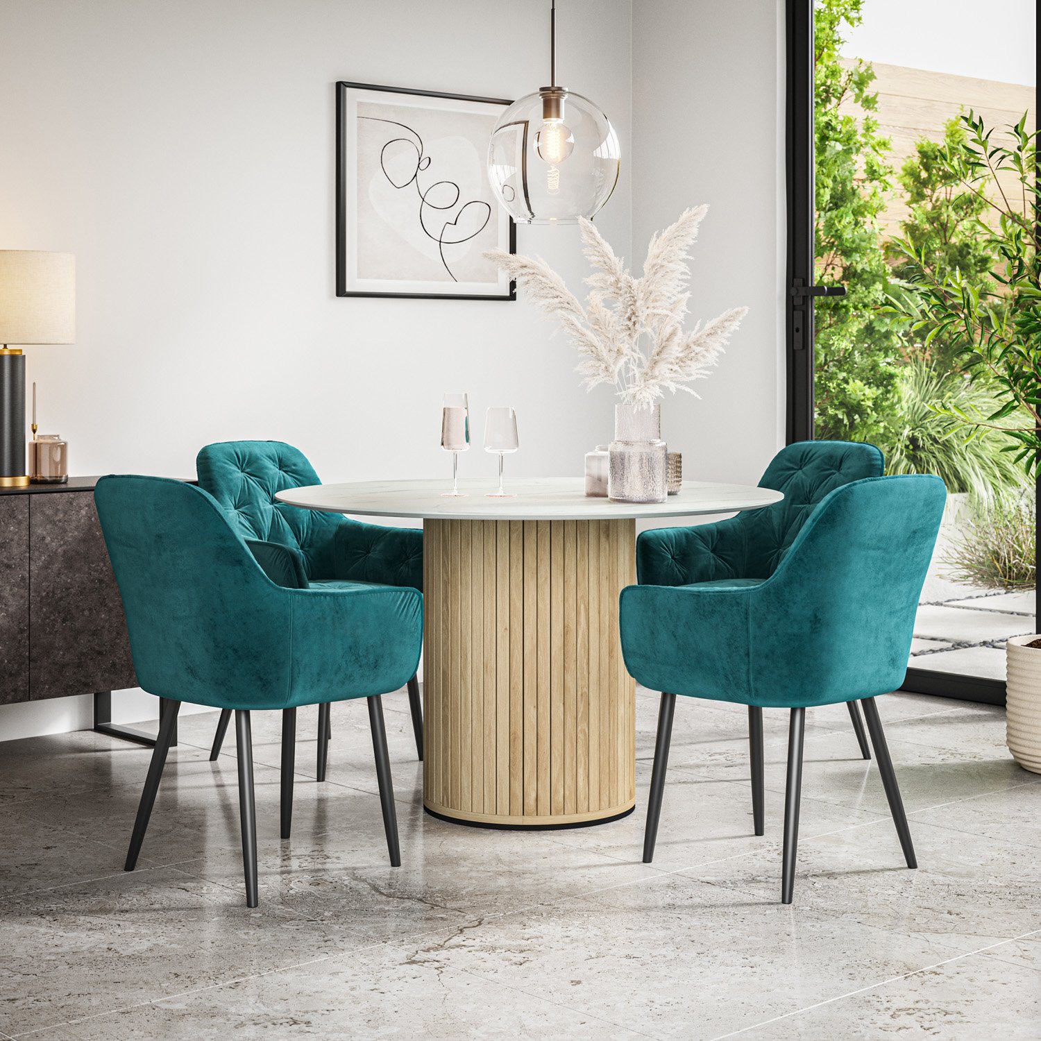 Furniture Online Arlo Anika Marble Top w Oak Legs Dining Table & 4 Green Chairs