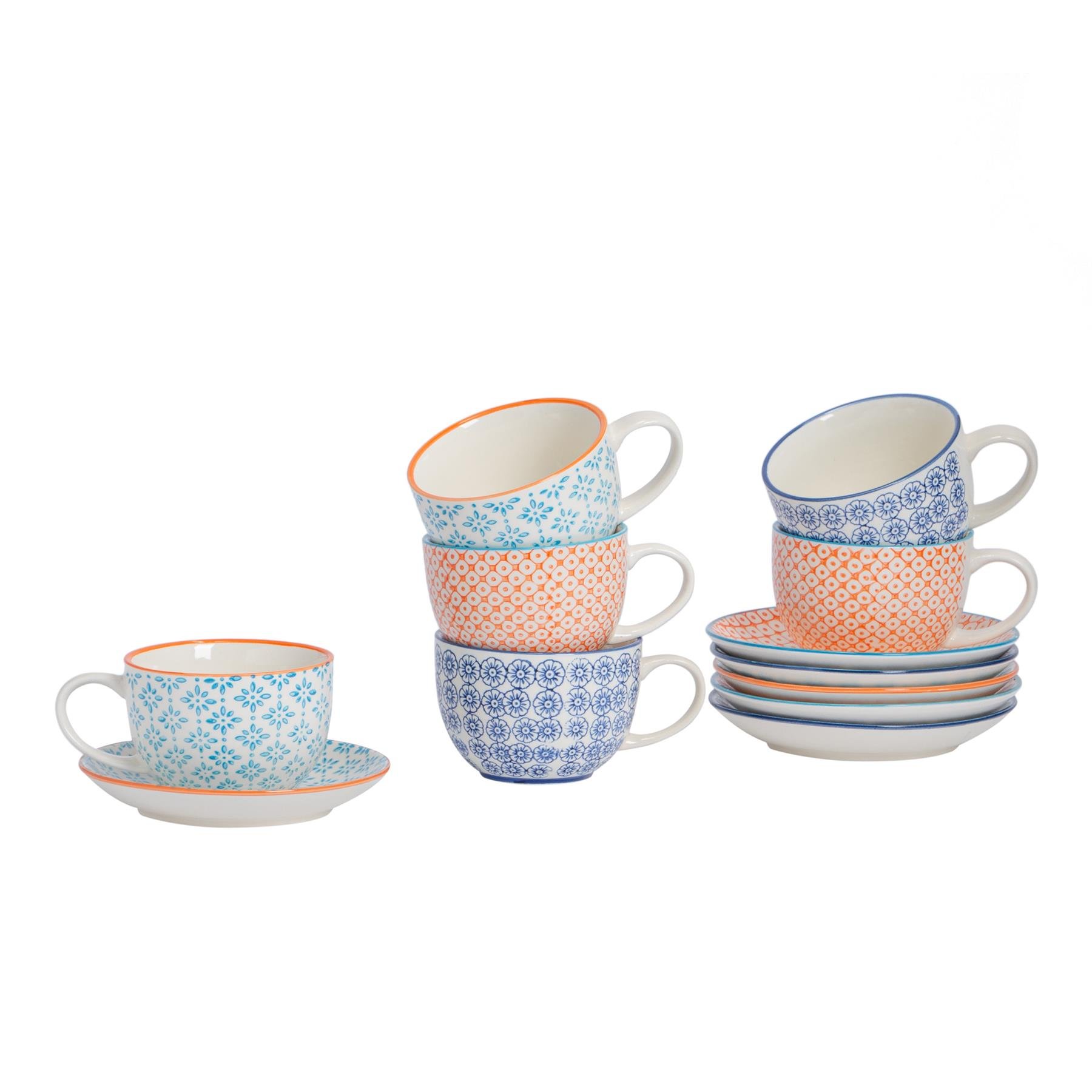 Nicola Spring 12pc Hand-Printed Cappuccino Cup & Saucer Set 250ml - 3 Colours