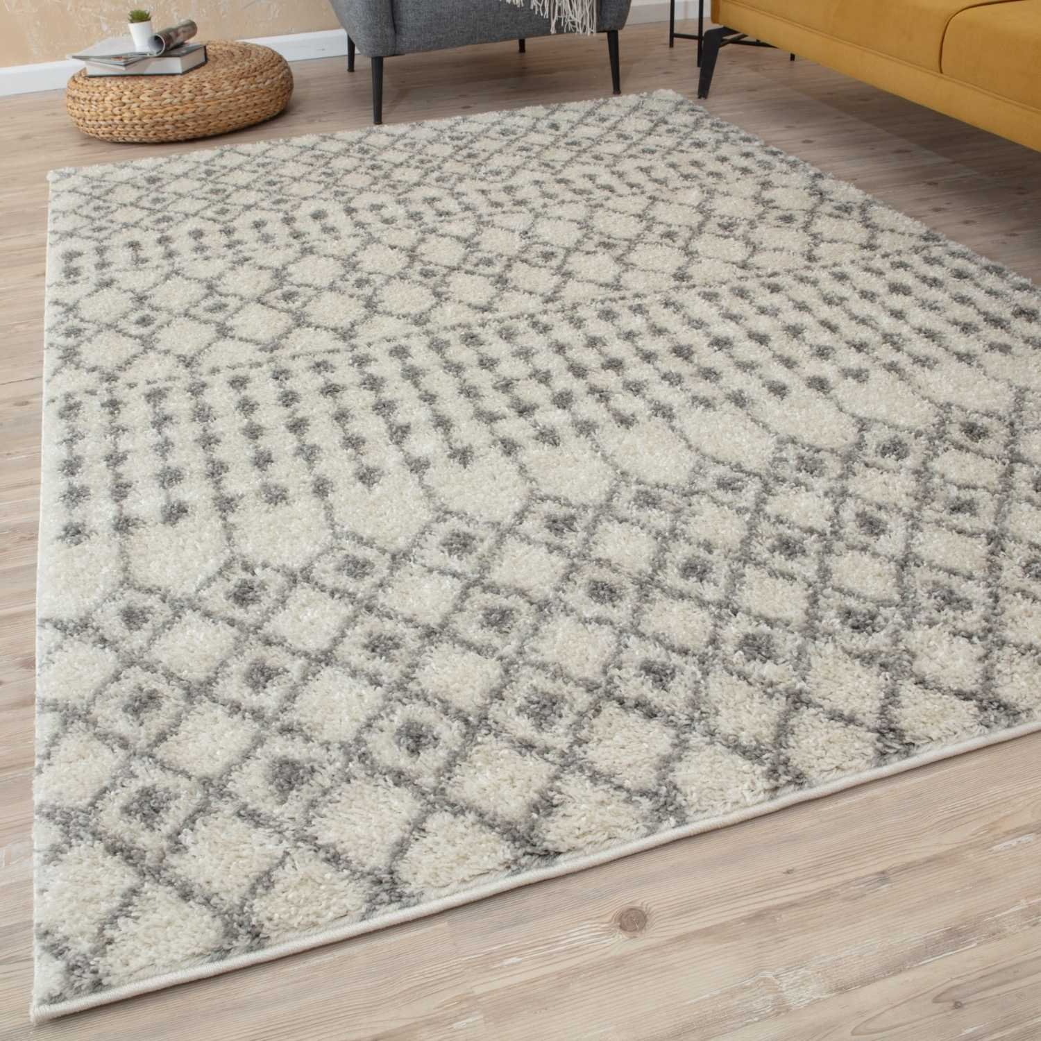 The Rugs Cream and Grey Moroccan Shaggy Tribal Rug - 60 x 110cm