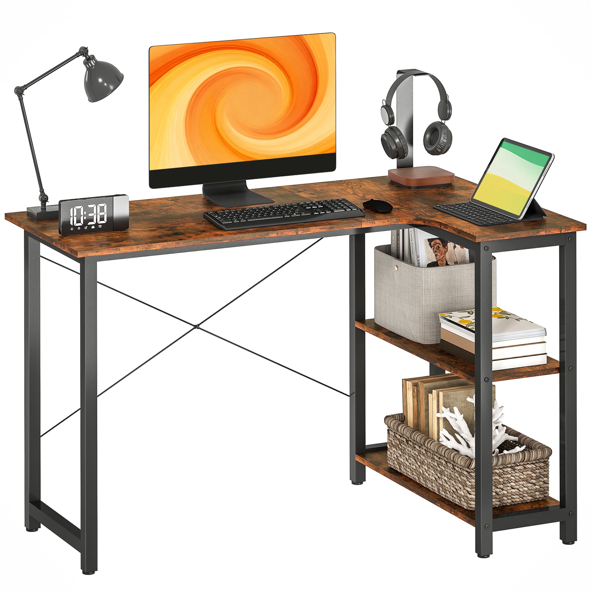 HOMCOM Corner Computer Desk with Bookshelf - Rustic Brown