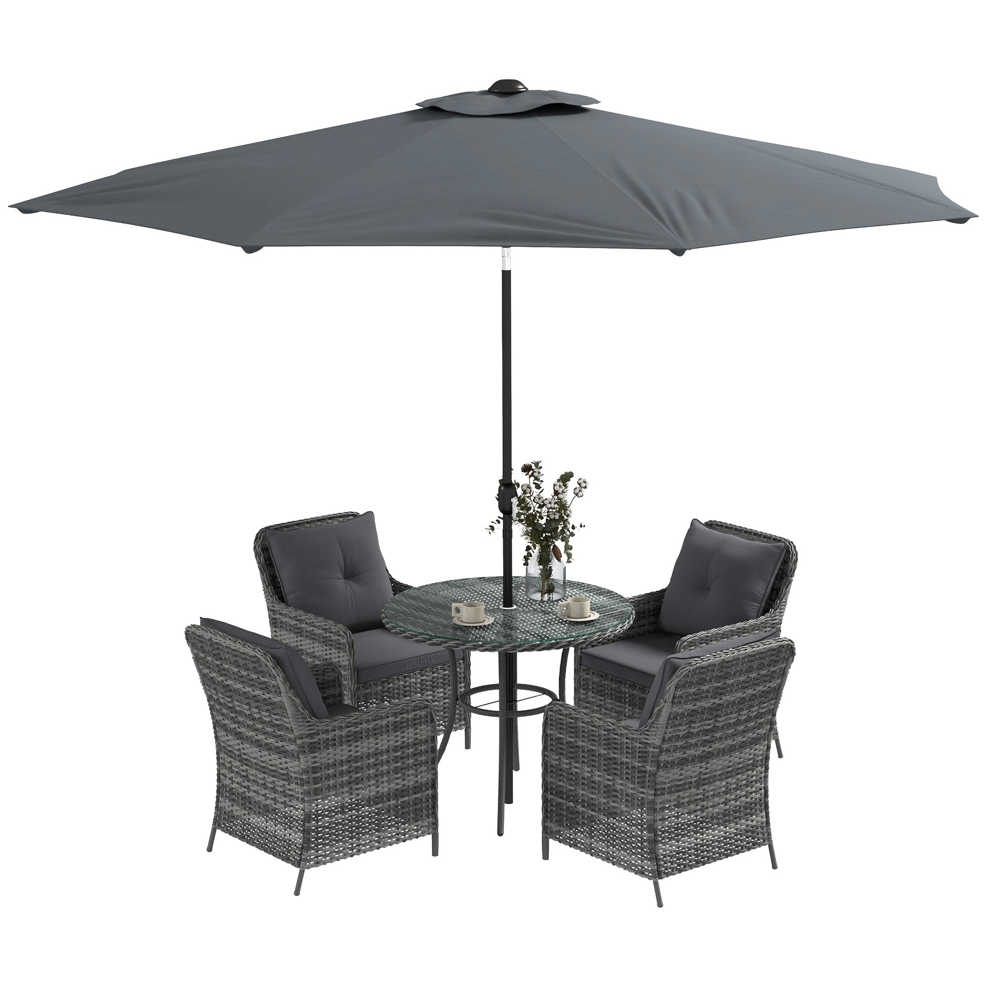 Outsunny 4 Seater Rattan Dining Set with Parasol - Mixed Grey